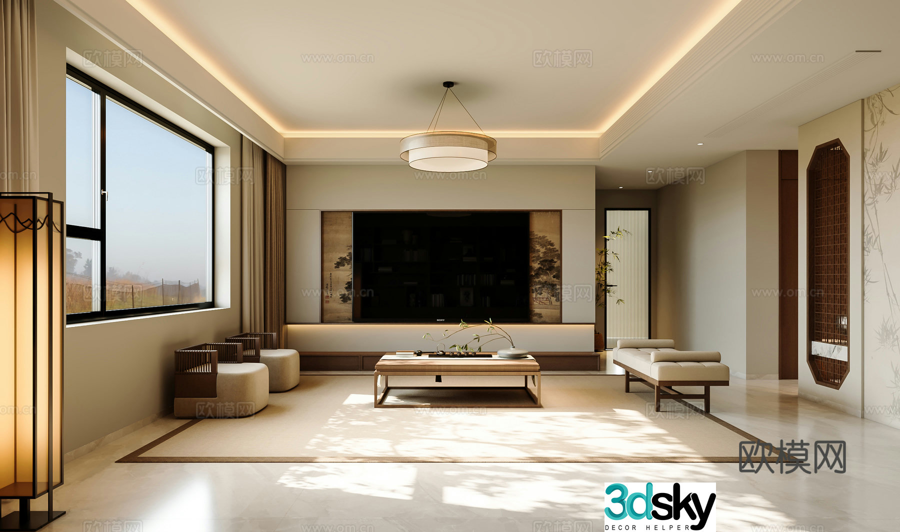 Song style living room TV background wall sofa coffee table combination 3D model