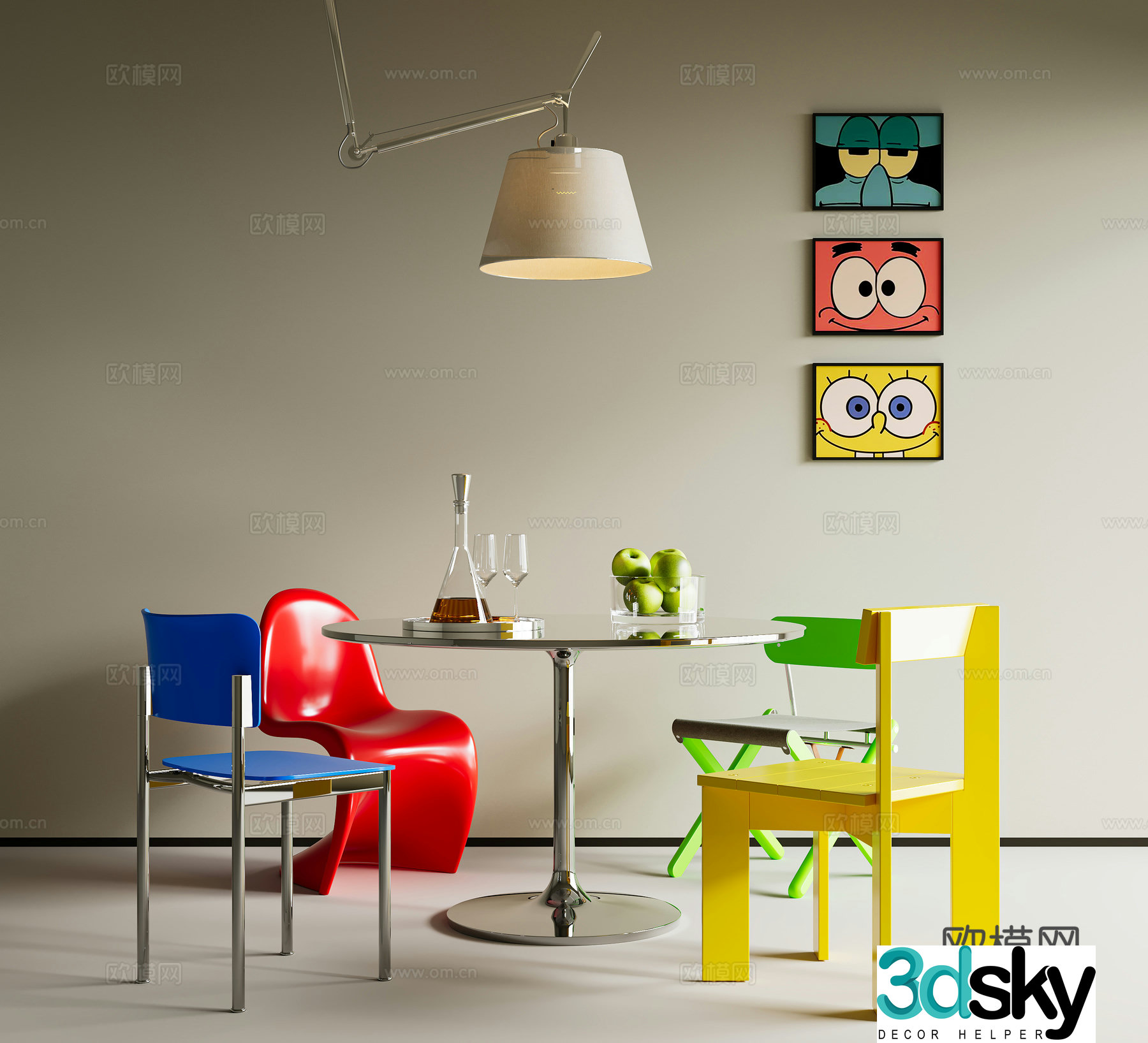 Modern minimalist dining table and chairs Modern minimalist dining table and chairs Bauhaus dining table and chairs Dopamine Memphis 3D model