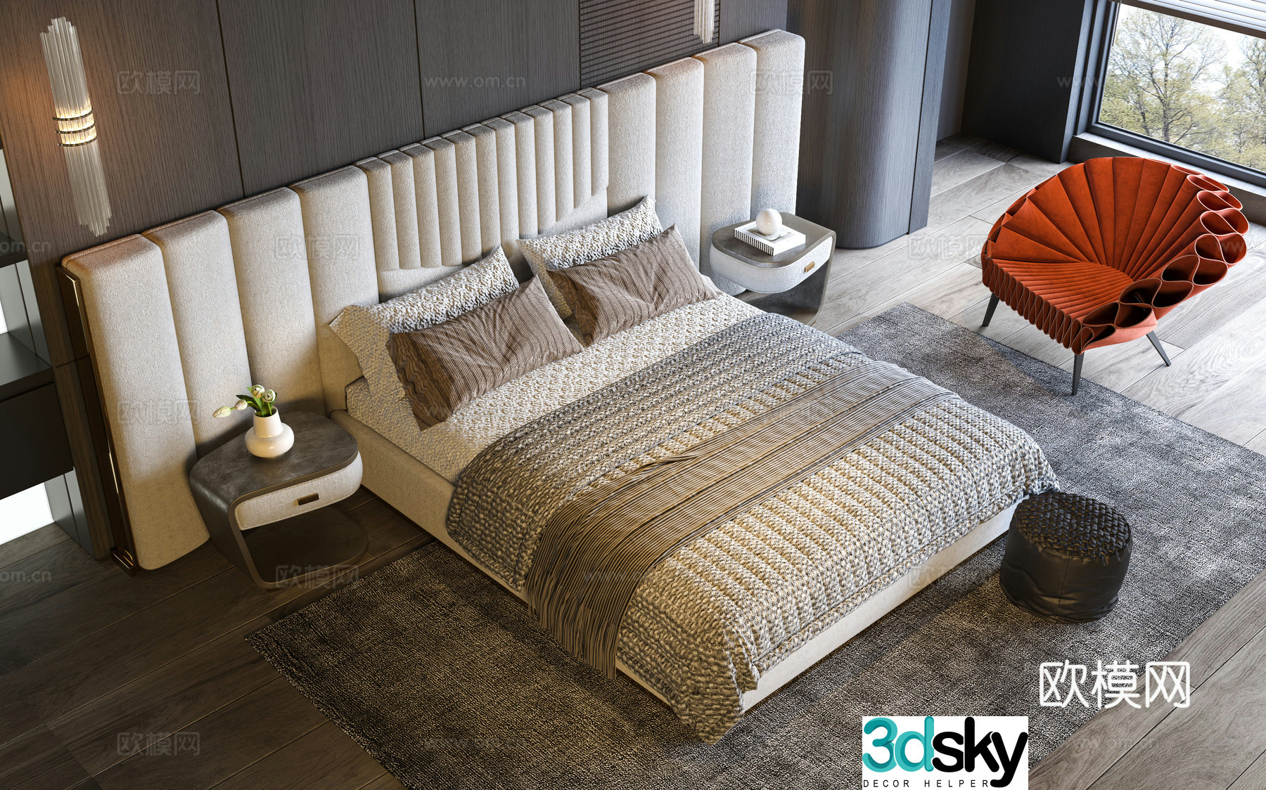 Modern Italian double bed Light luxury double bed Modern bedroom Bedside back bed bed Single chair Double 3D model