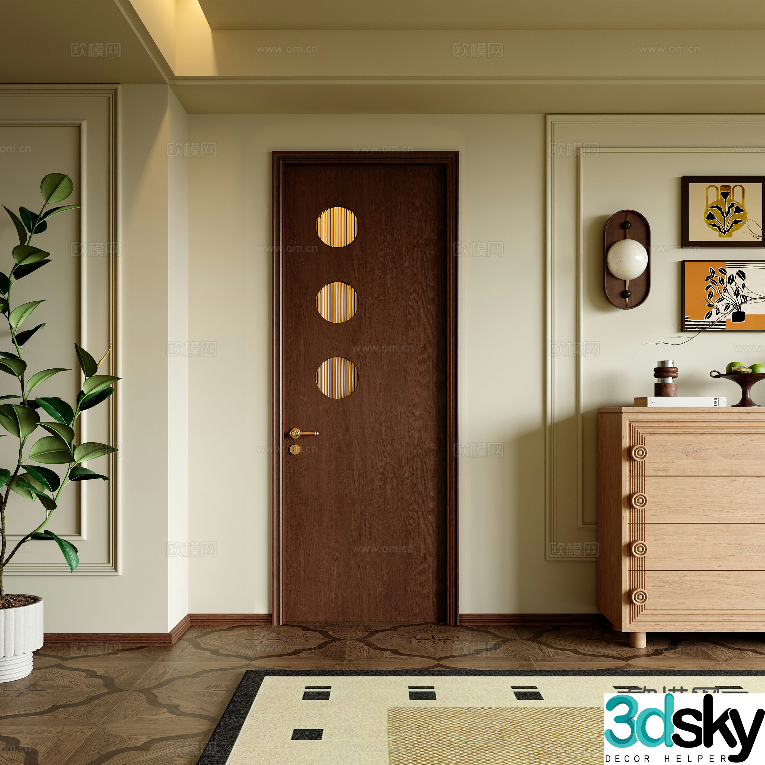 French retro style indoor bathroom single door 3D model