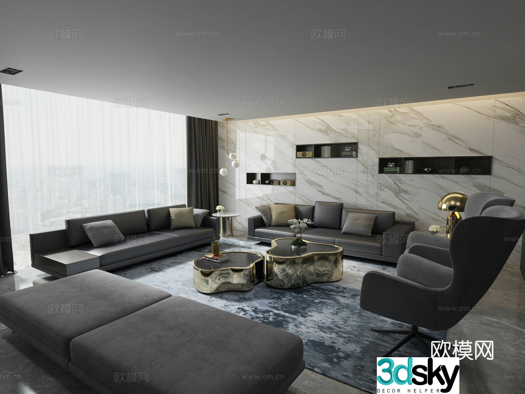 Modern high-end gray living room sofa coffee table chair 3d model