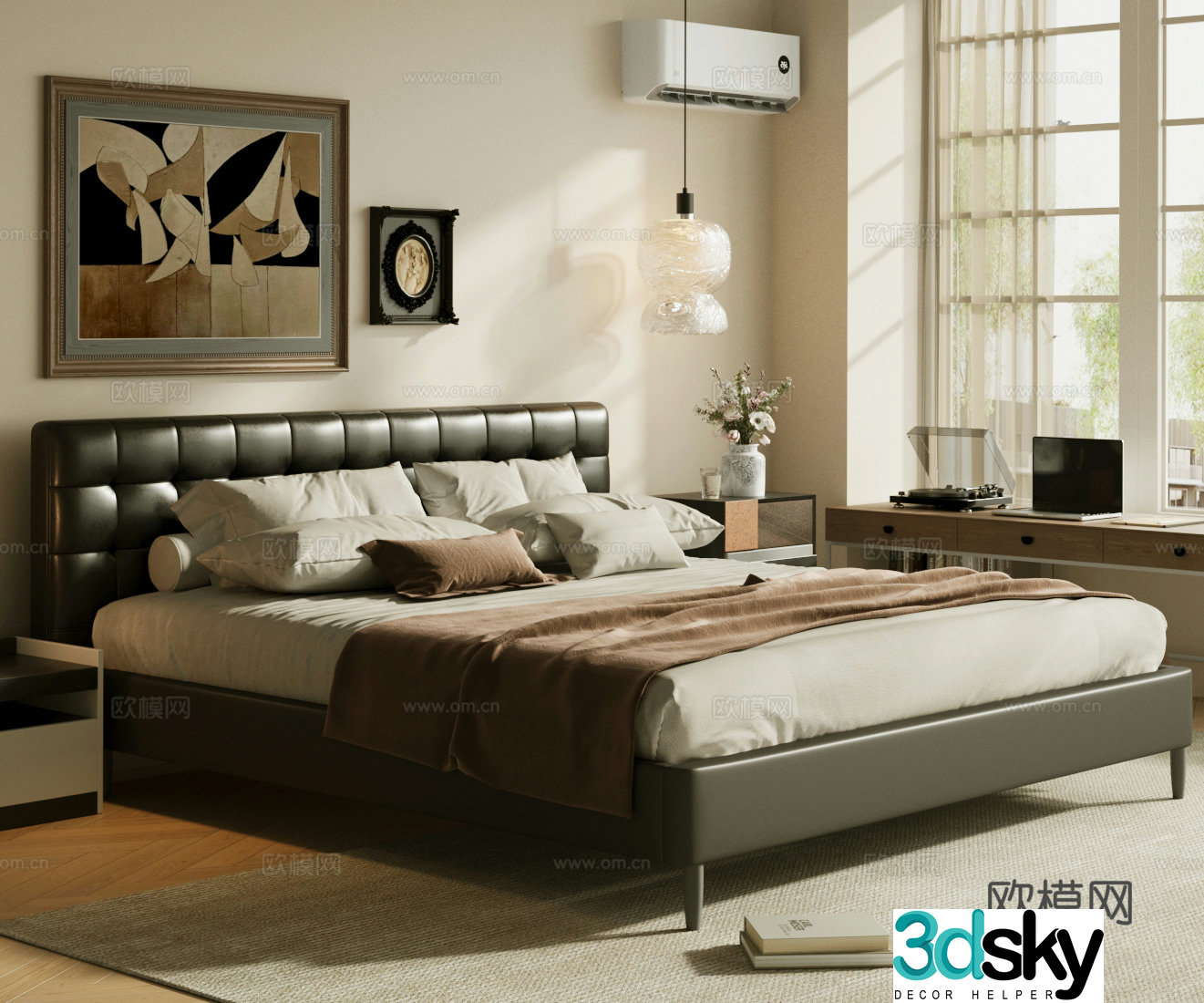 Middle-aged double bed Black leather bed Leather bed Black bed Middle-aged master bedroom Master bedroom bed 3D model