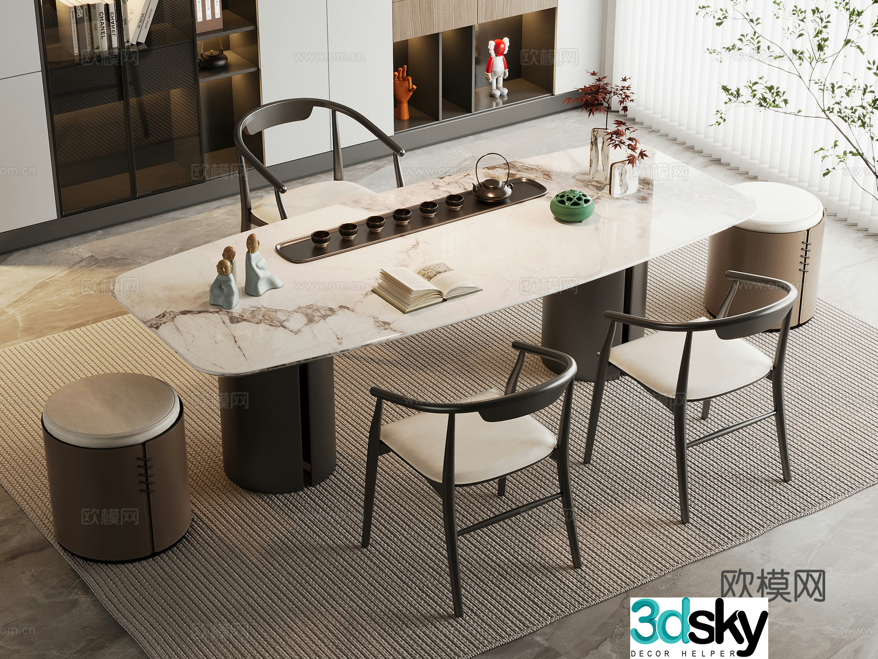 Modern tea table and chairs light luxury marble tea table and chair combination rock tea table and tea table sofa stool 3D model