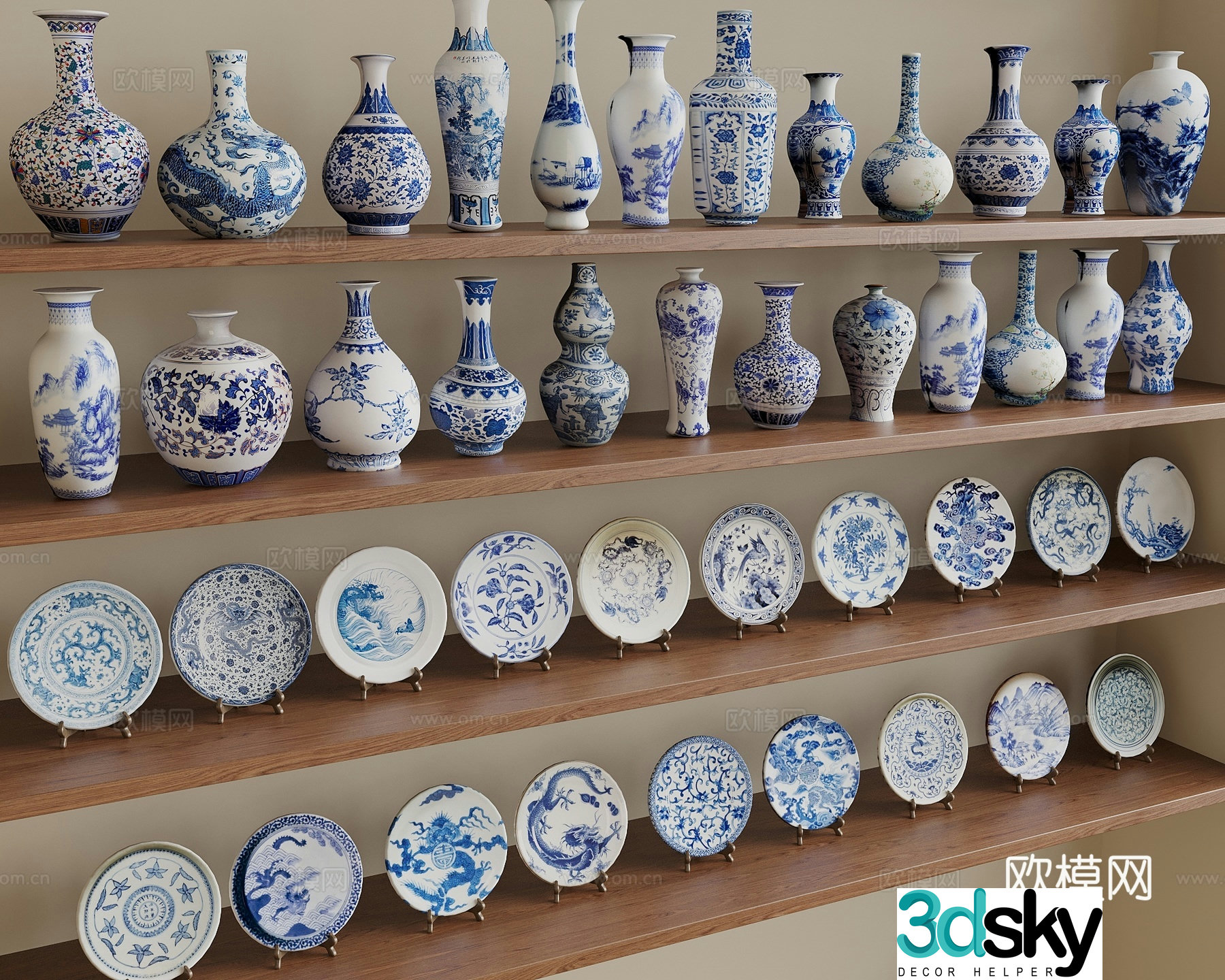 New Chinese style blue and white porcelain plate blue and white porcelain vase ceramic ware porcelain jar ornament 3D model
