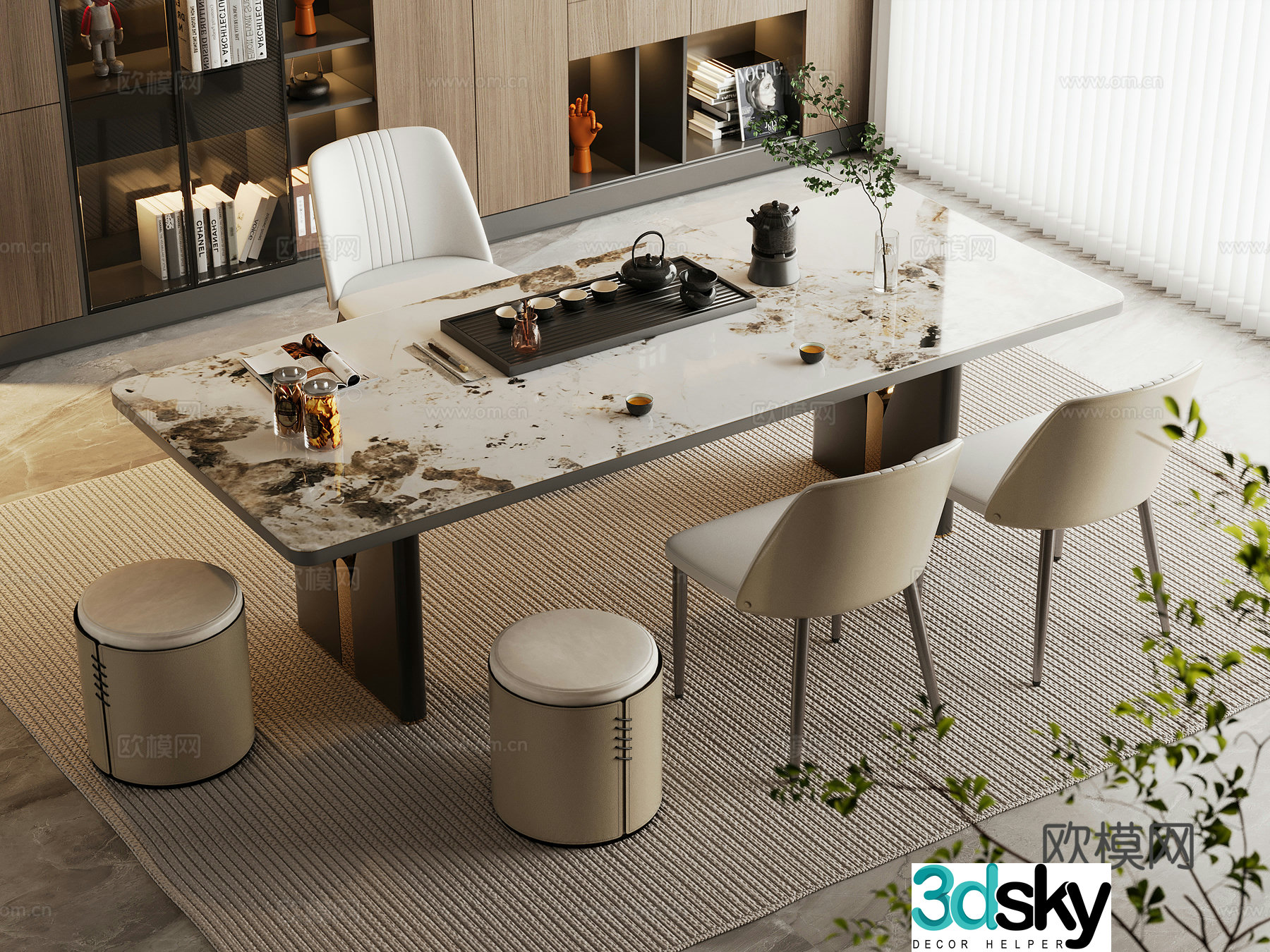 Modern tea table and chairs Light luxury marble tea table and chairs Rock-panel tea table and backrest chair Tea set supplies 3D model