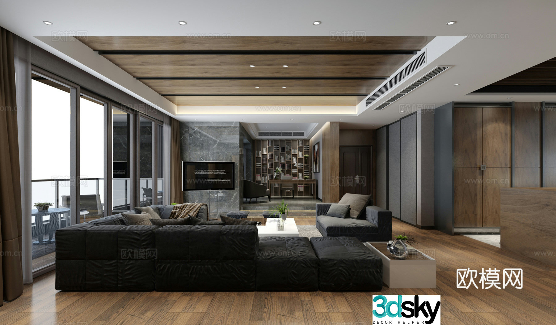 Modern living room sofa combination suspended ceiling balcony leisure table and chair bookcase 3d model