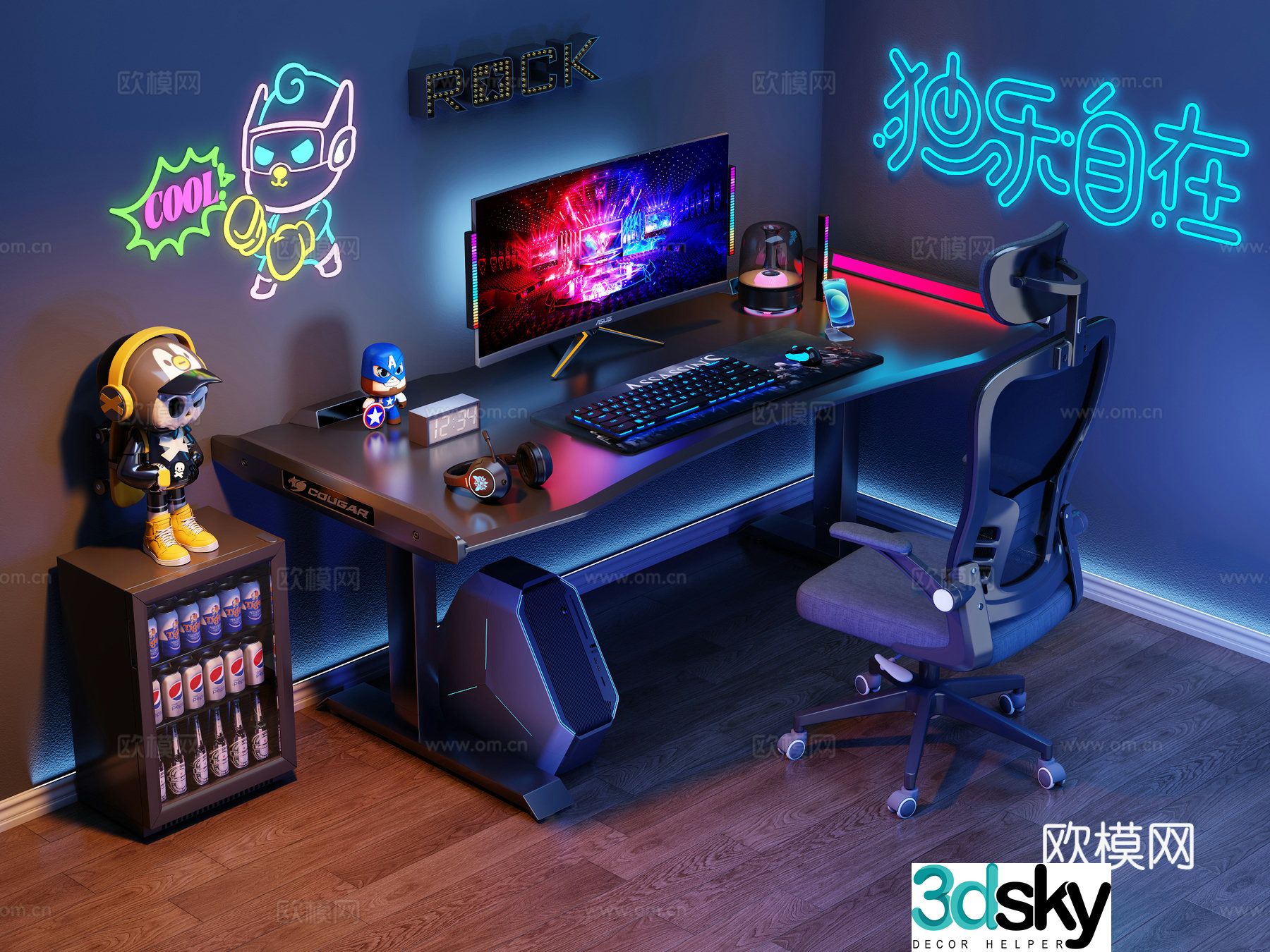 Modern desk and chair e-sports table and chair computer desk e-sports room computer ornament combination decorative lamp 3D model