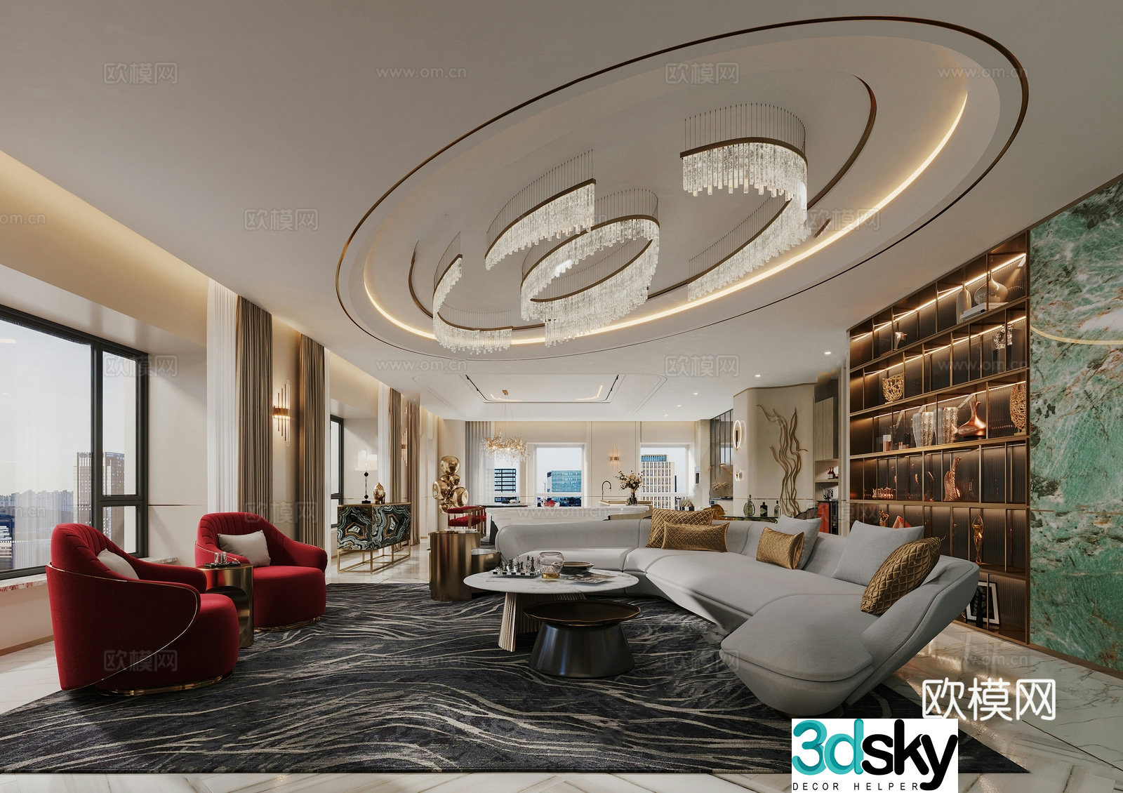 Modern light luxury living dining room open kitchen Zhongdao Island dining table entrance hall aisle entrance hall 3D model