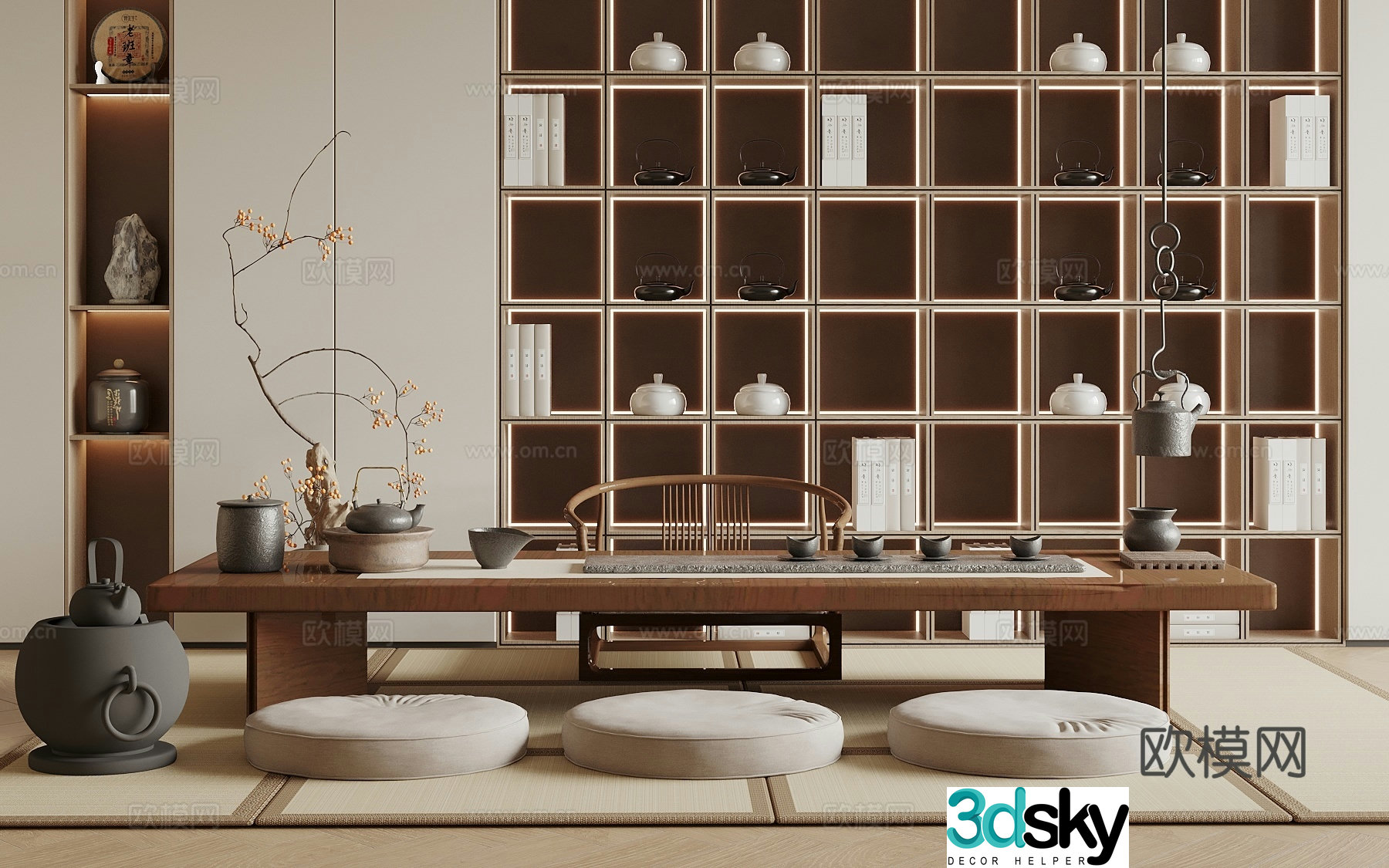 New Chinese-style tatami tea room tatami tea table and chair tea cabinet seat cushion tea set hanging teapot 3D model