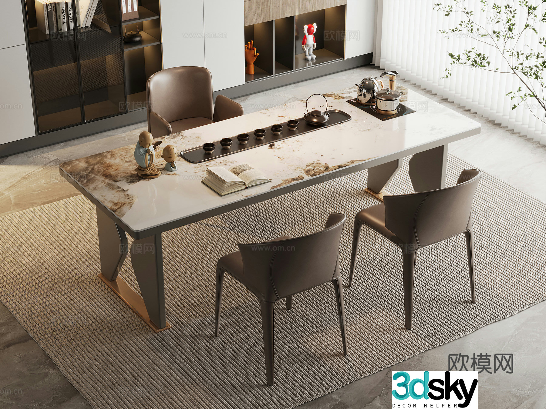 Modern tea table and chairs Light luxury marble tea table and chairs Rock tea table and tea table and tea table. Leather single chair 3D model