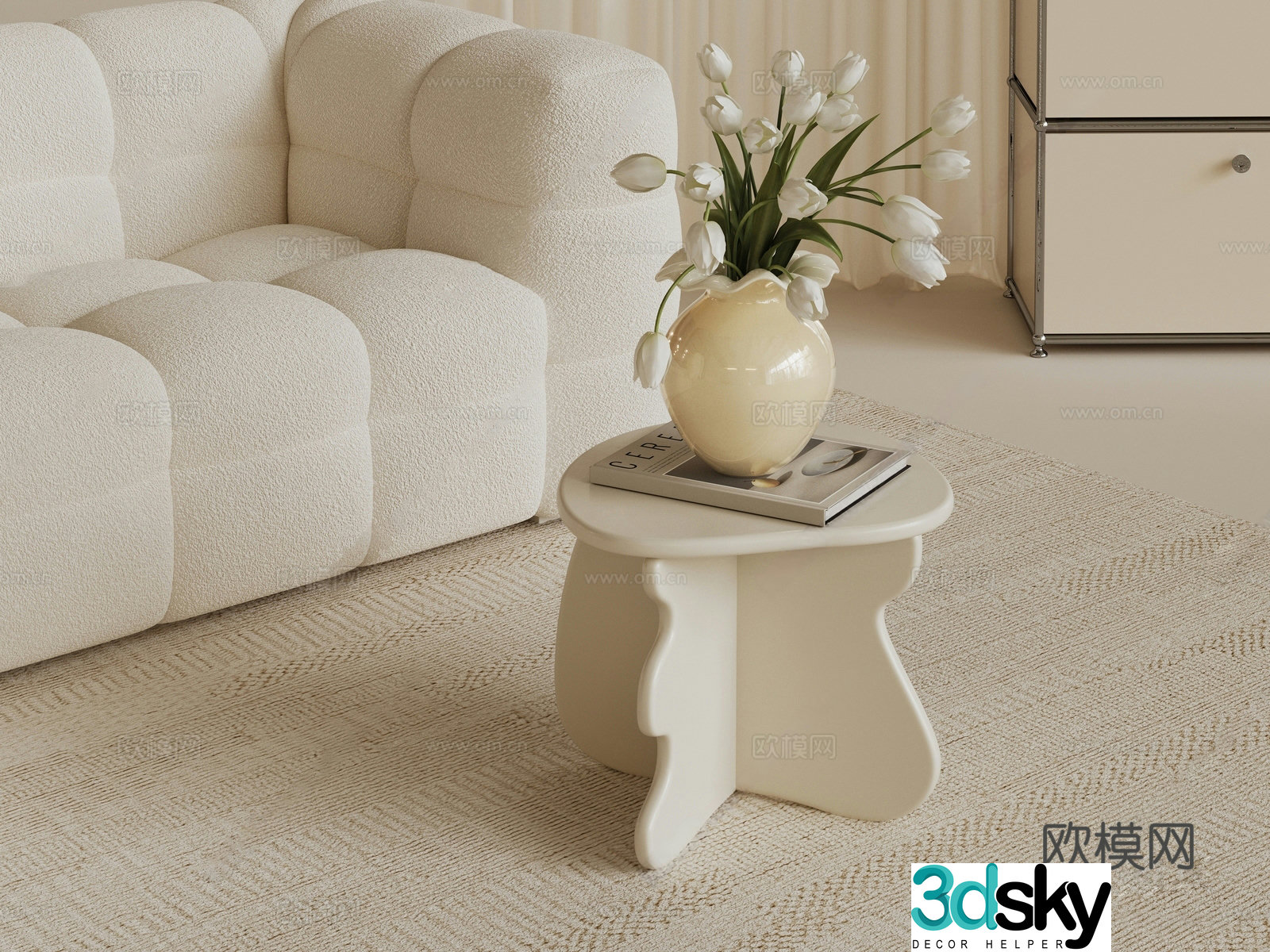 French cream side corners round table small vase three-person sofa sofa 3d model