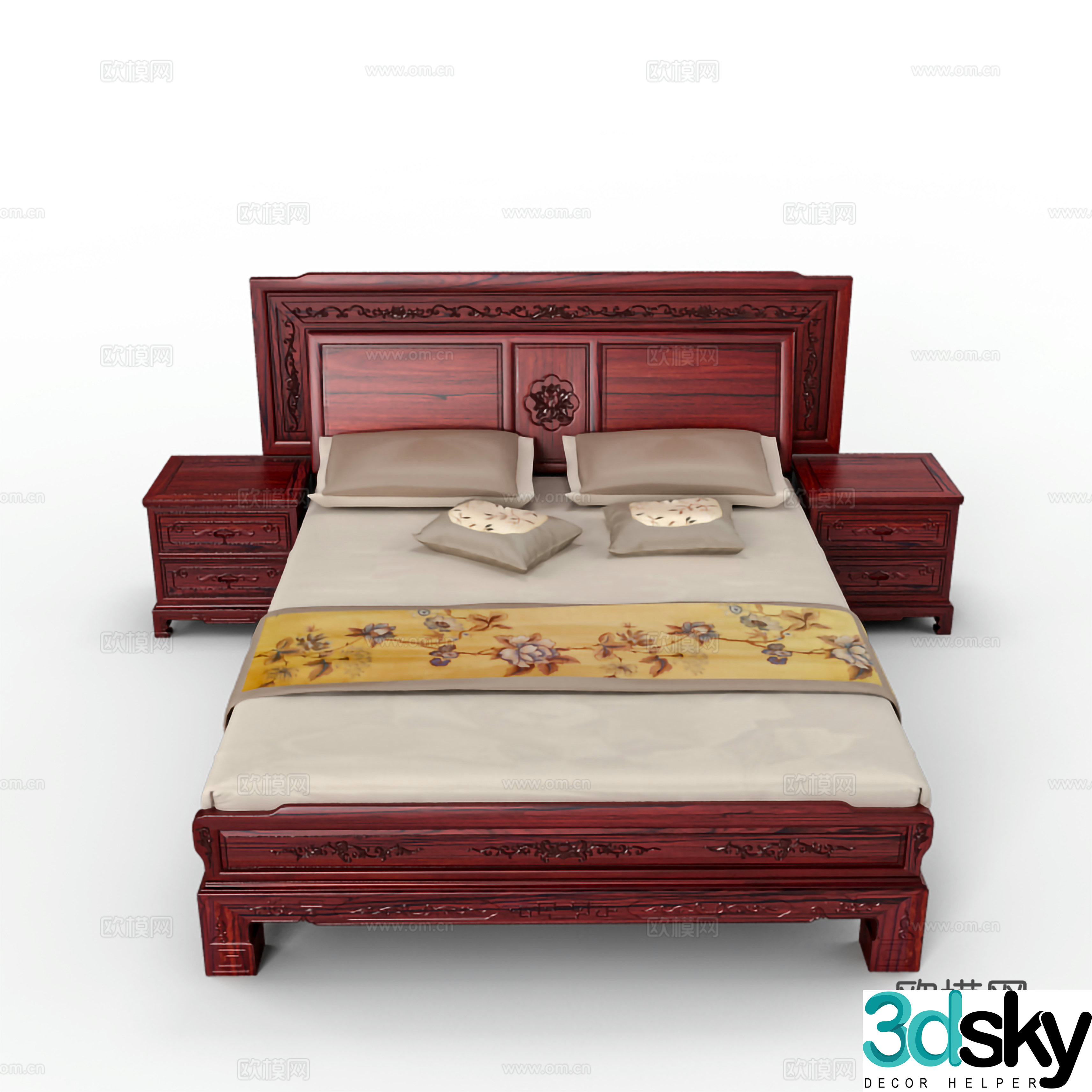 Chinese double bed bed nightstand carved cabinet door bedside bed body solid wood mahogany 3D model