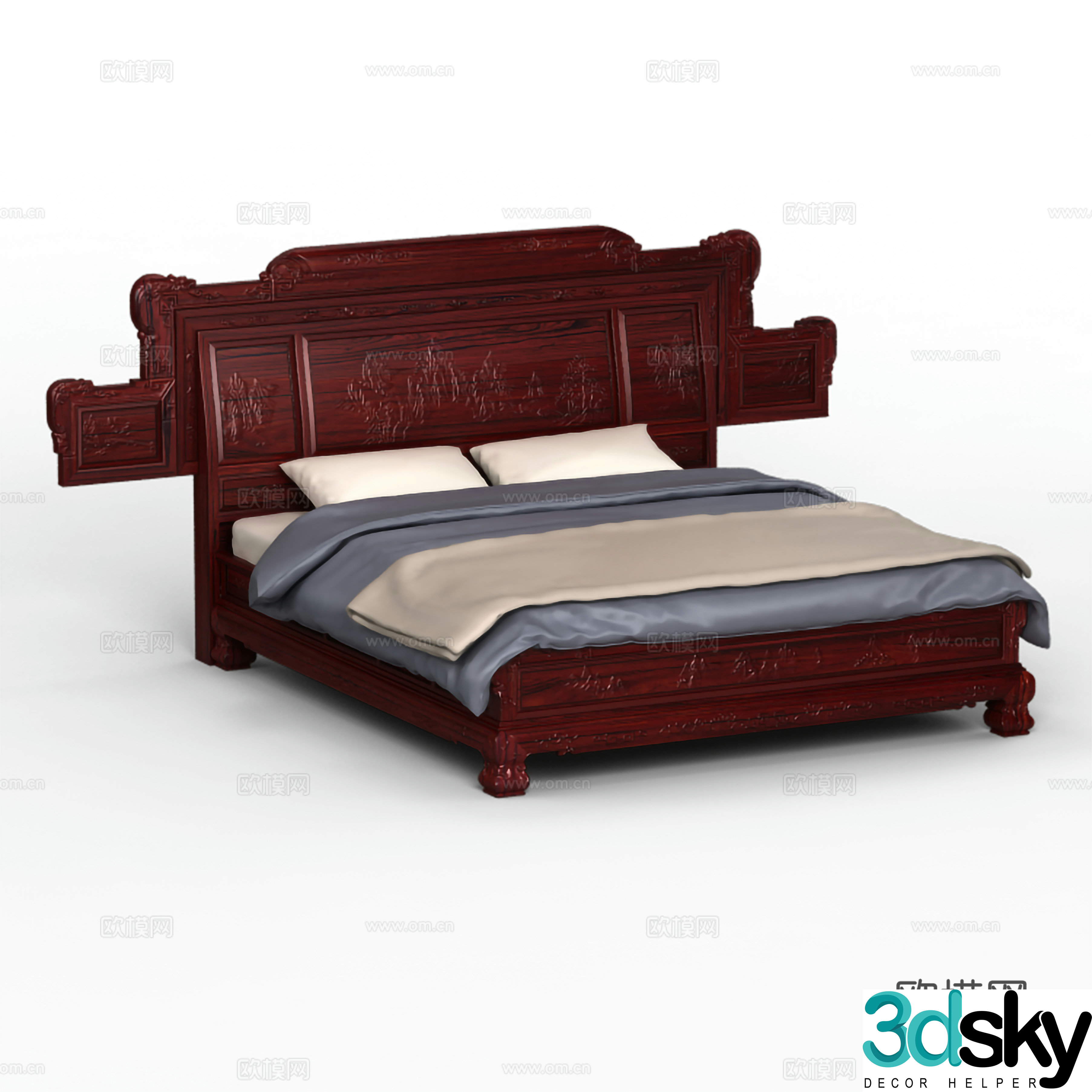 Chinese double bed carved bedside bed body solid wood mahogany 3D model