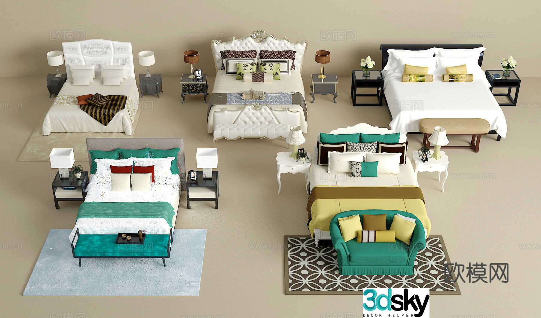 Double bed combination bedside table jewelry ornaments desk lamp carpet pillow 3D model