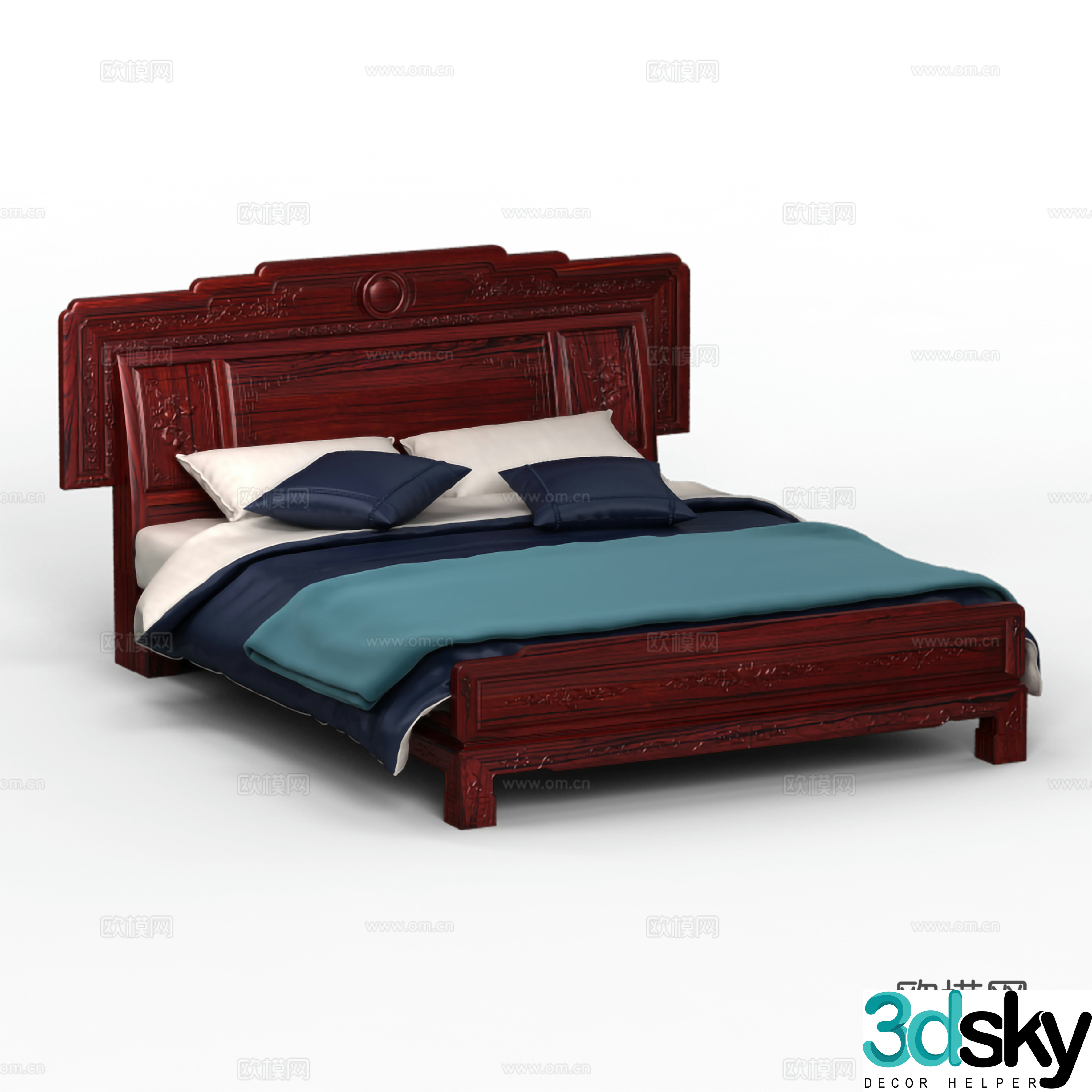 Chinese double bed carved bed head solid wood mahogany 3D model