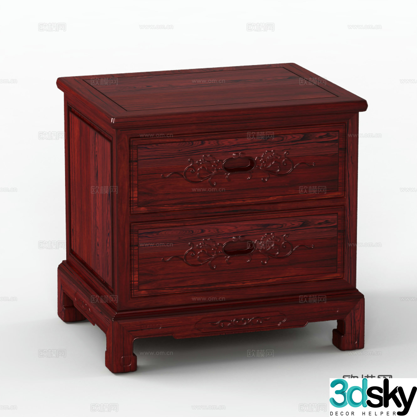 Chinese style bedside table carved cabinet door solid wood mahogany 3D model