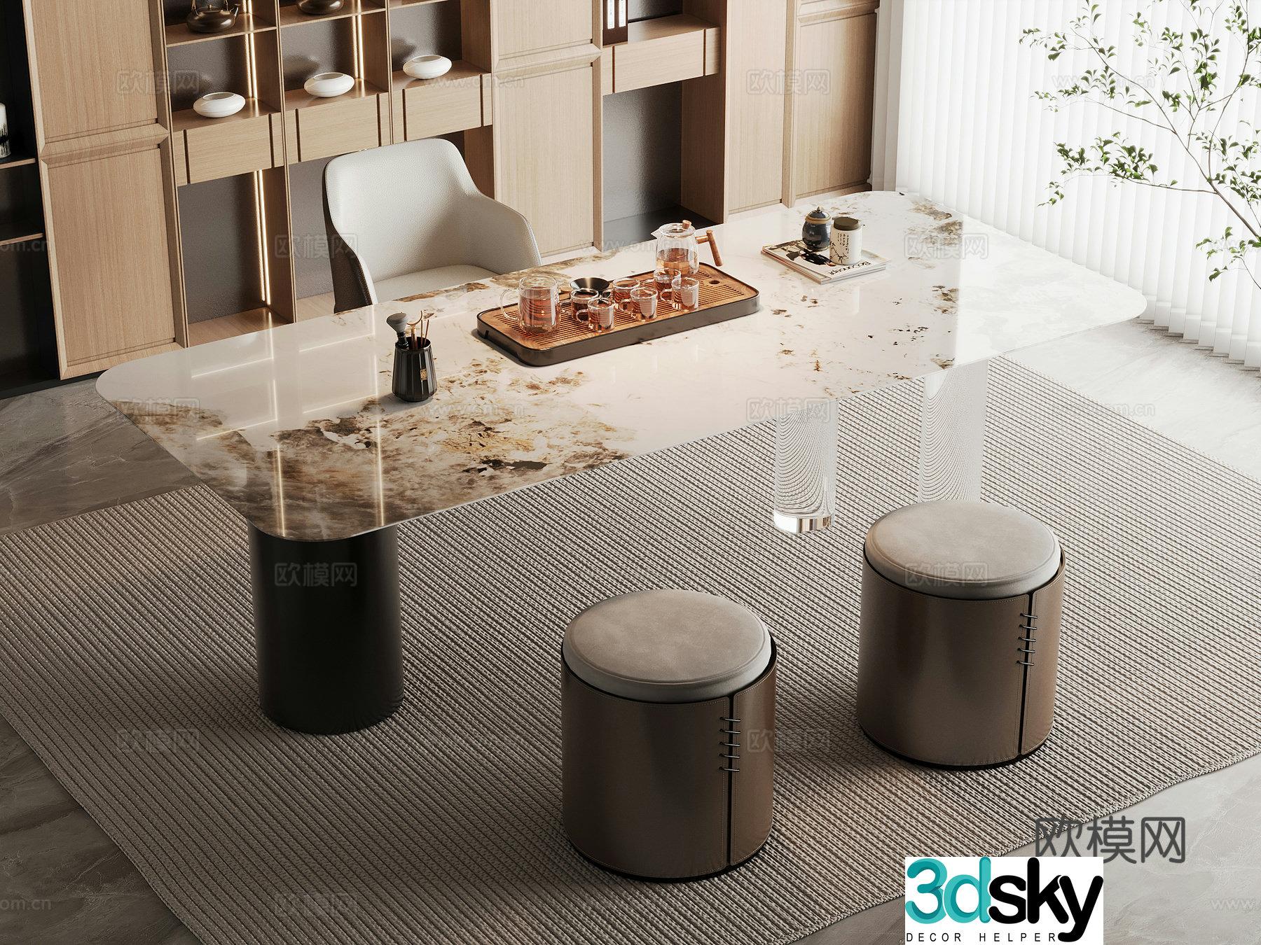 Modern tea table and chairs light luxury marble tea table and chair combination rock-pan tea table and tea table water boiling table 3D model