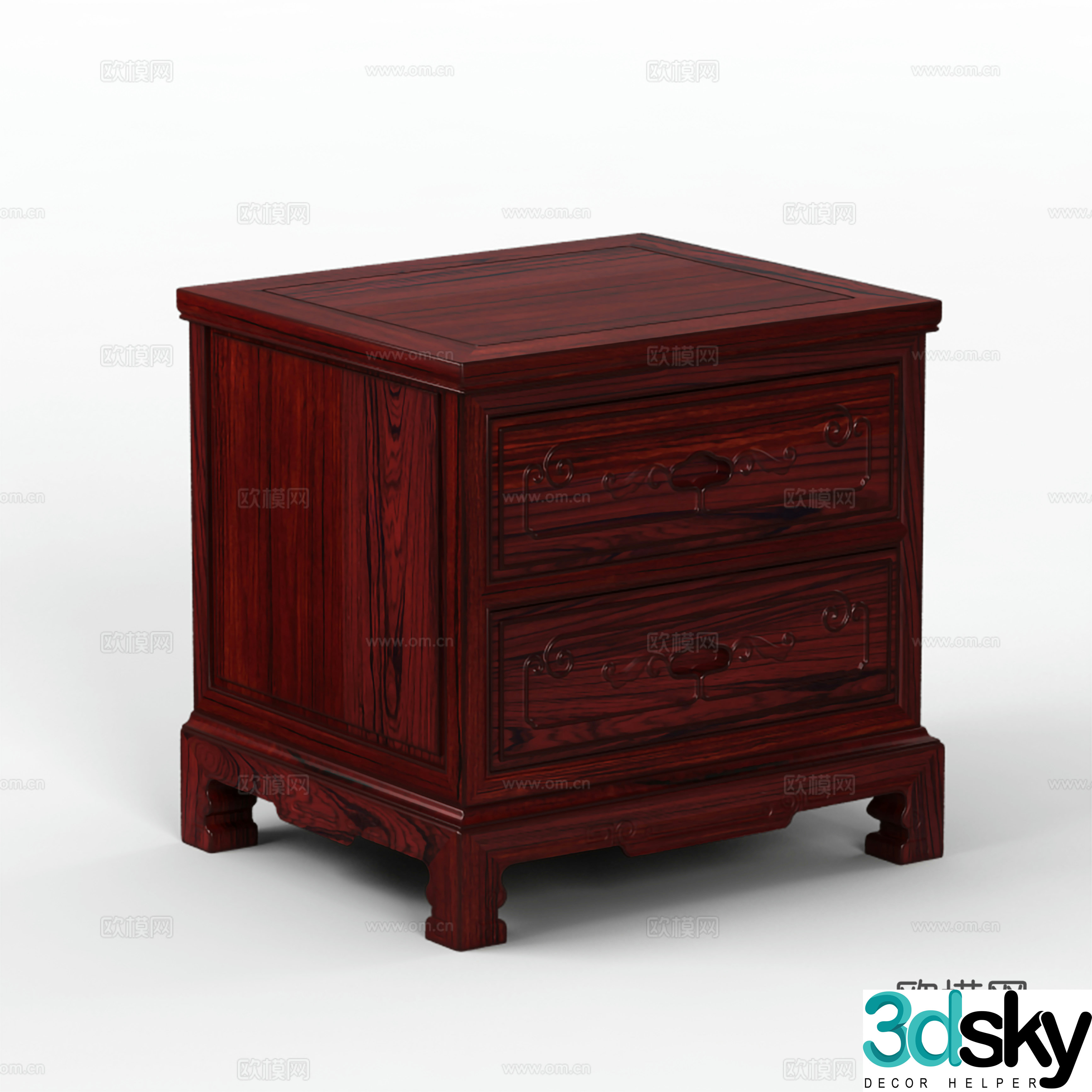 Chinese style bedside table carved cabinet door solid wood mahogany 3D model