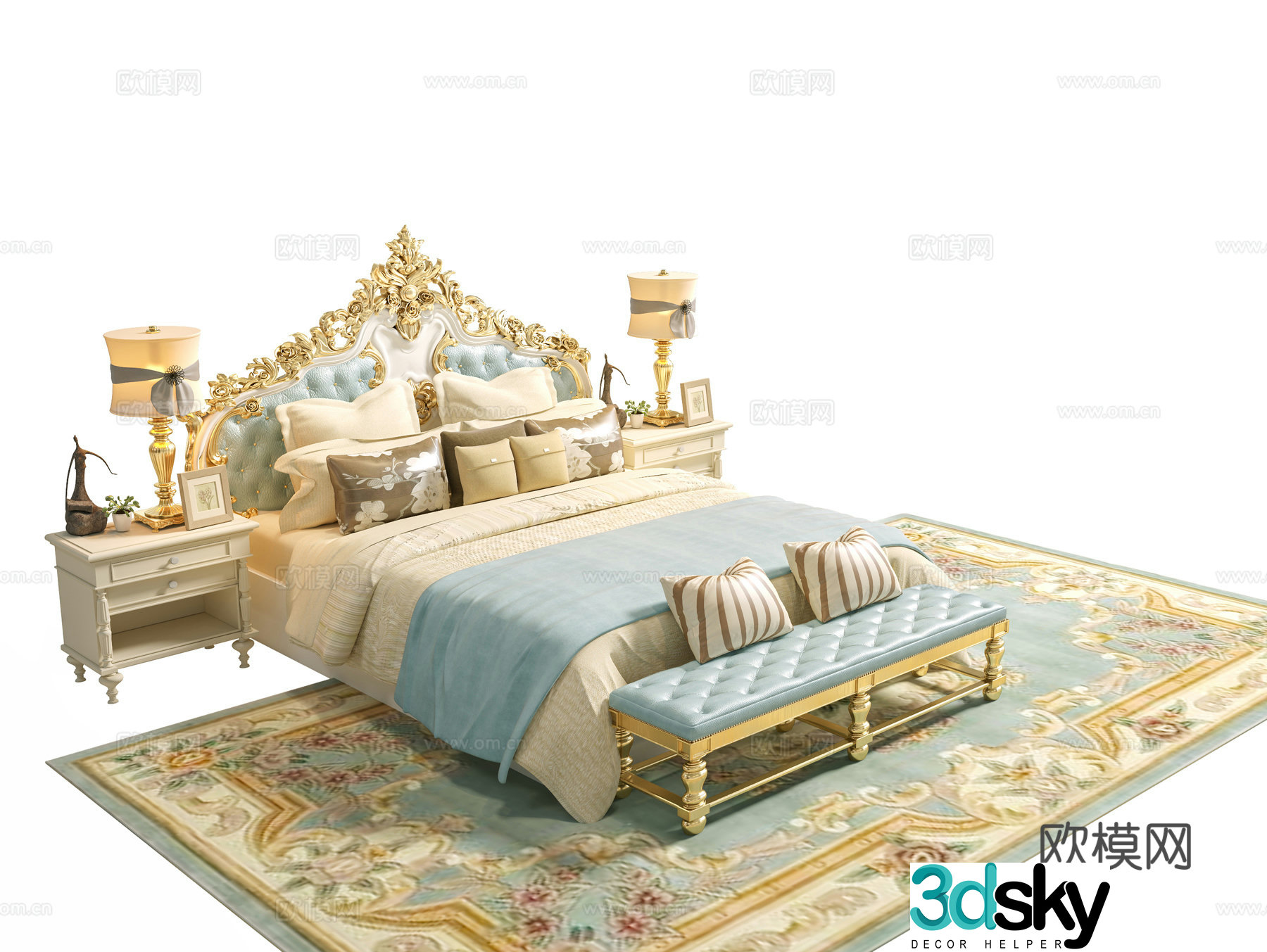 French double bed classic carved double bed French nightstand European bedroom carved bed 3D model
