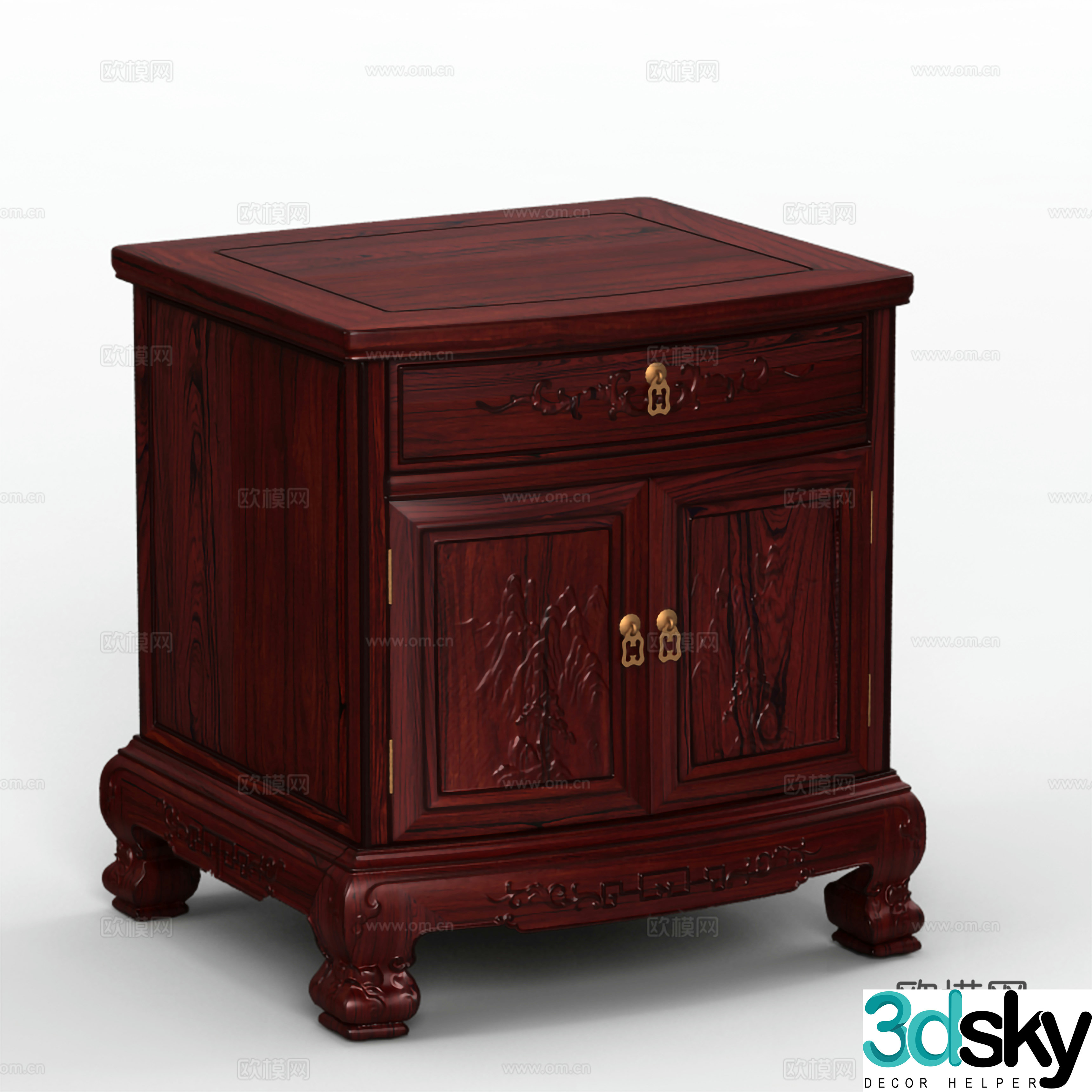 Chinese style bedside table carved cabinet door solid wood mahogany 3D model