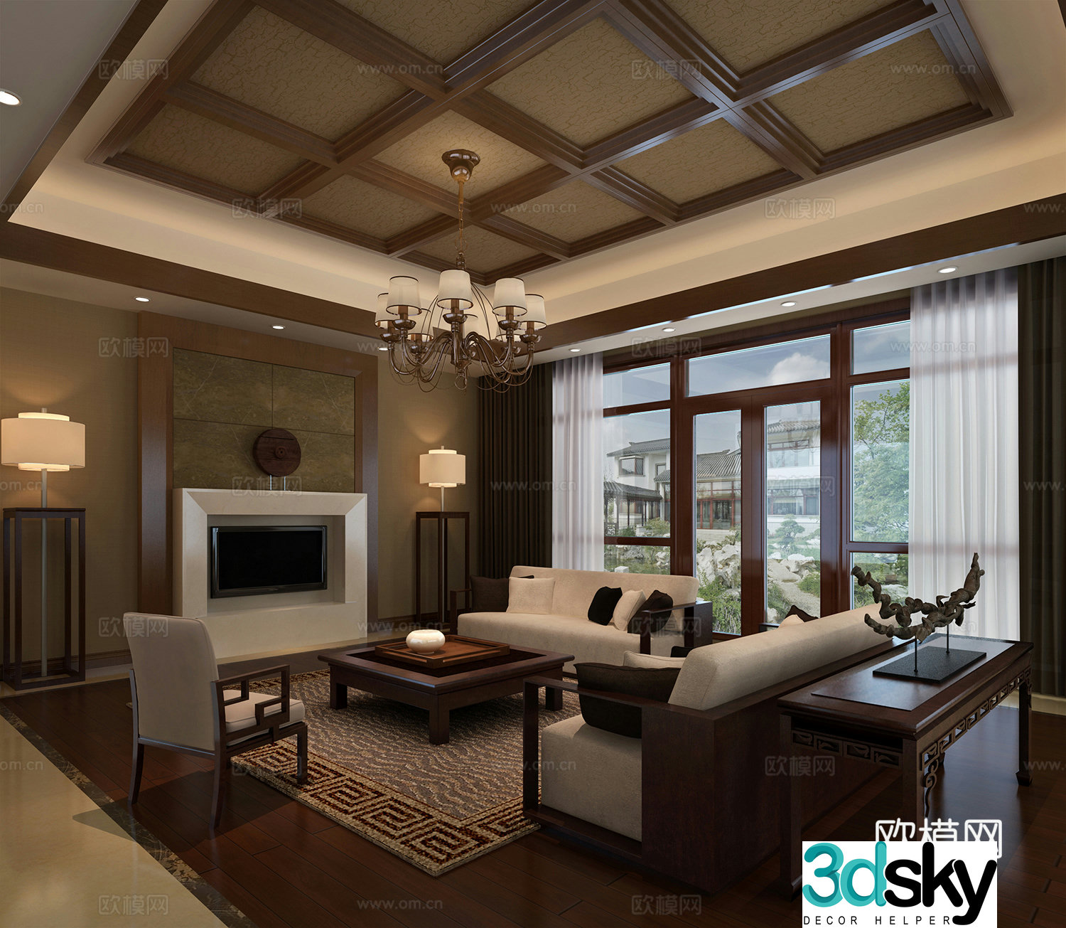 Chinese living room Modern Chinese living room Sofa coffee table Chandelier Desktop ornaments Hanging painting 3D model