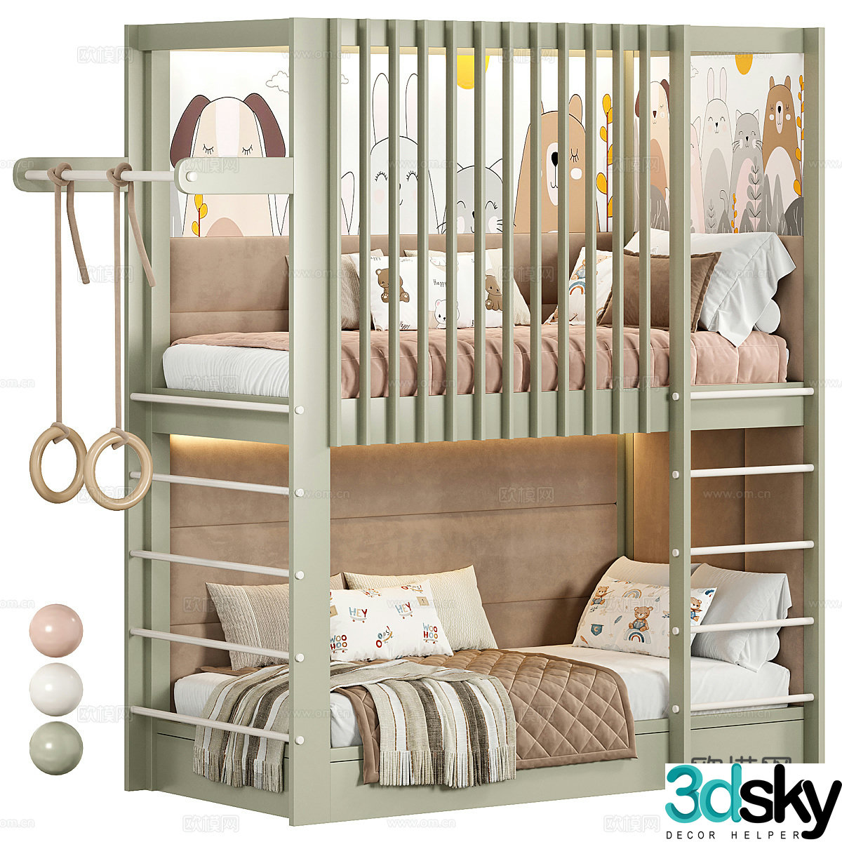 Modern Nordic log children on and off bed 3D model