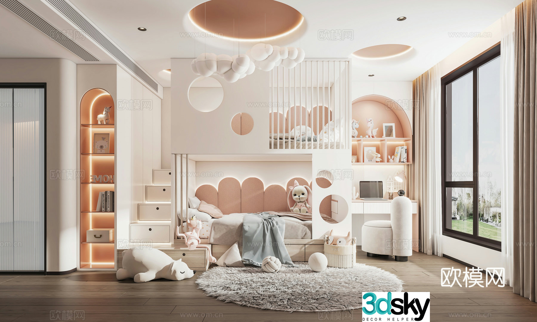 Modern minimalist creamy style children’s girl room 3d model