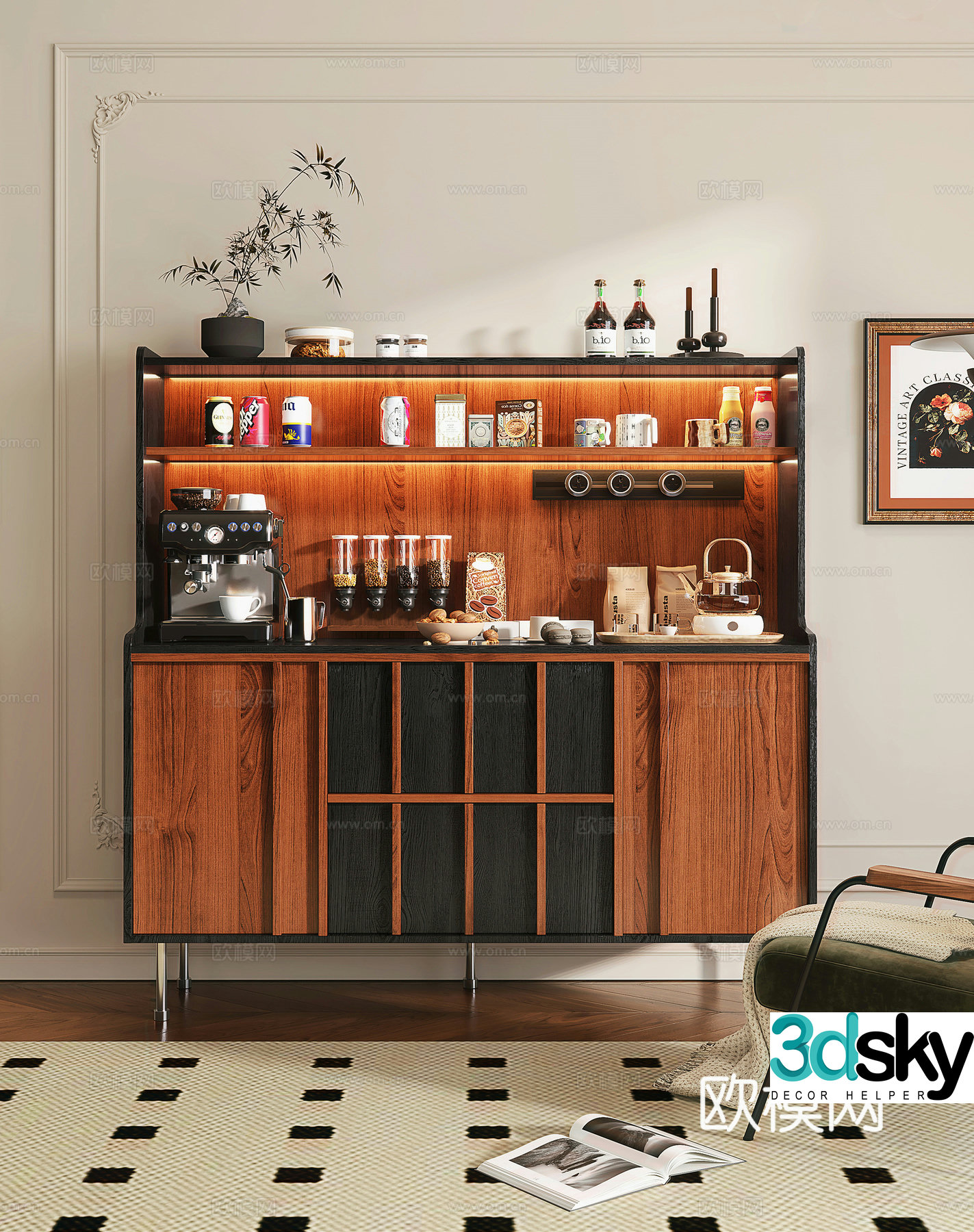Modern medieval sideboard tea cabinet dining cabinet coffee maker tableware ornaments leisure chair 3D model