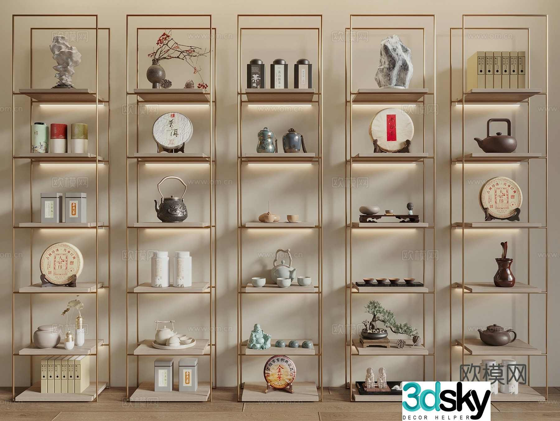 Tea tea set tea cup tea tray kettle tea combination packaging box bogu shelf 3D model