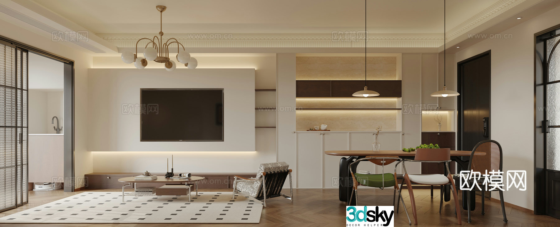 Cream retro living and dining room 3d model