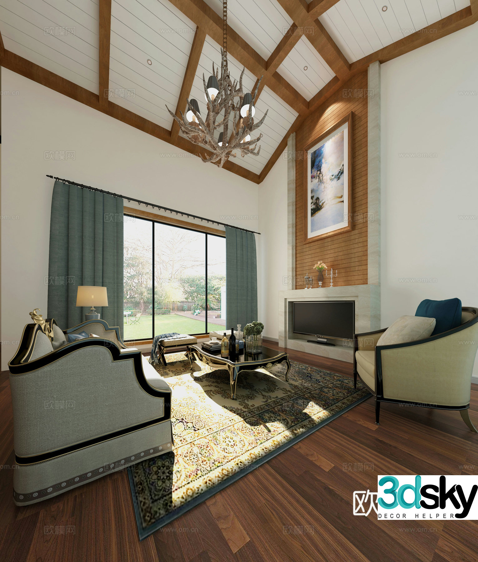 American living room sofa American chandelier 3d model