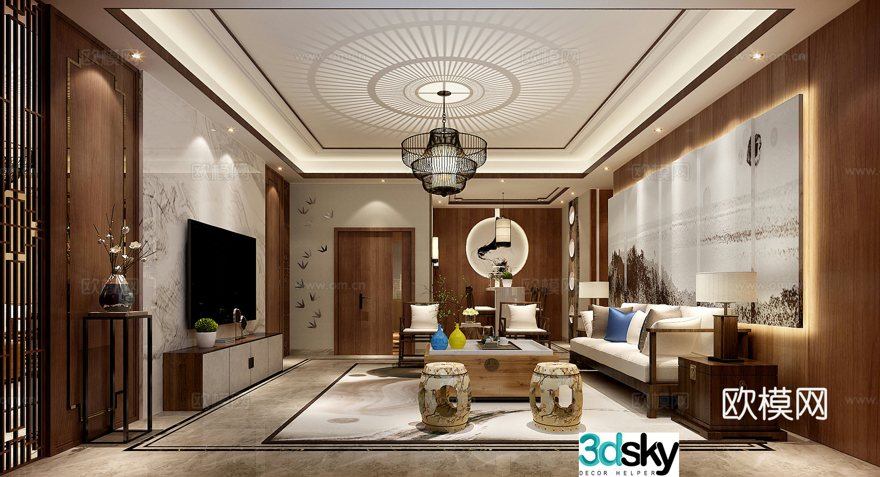 New Chinese style simple living room and dining room sofa and coffee table combination bar TV cabinet chandeliers 3D model