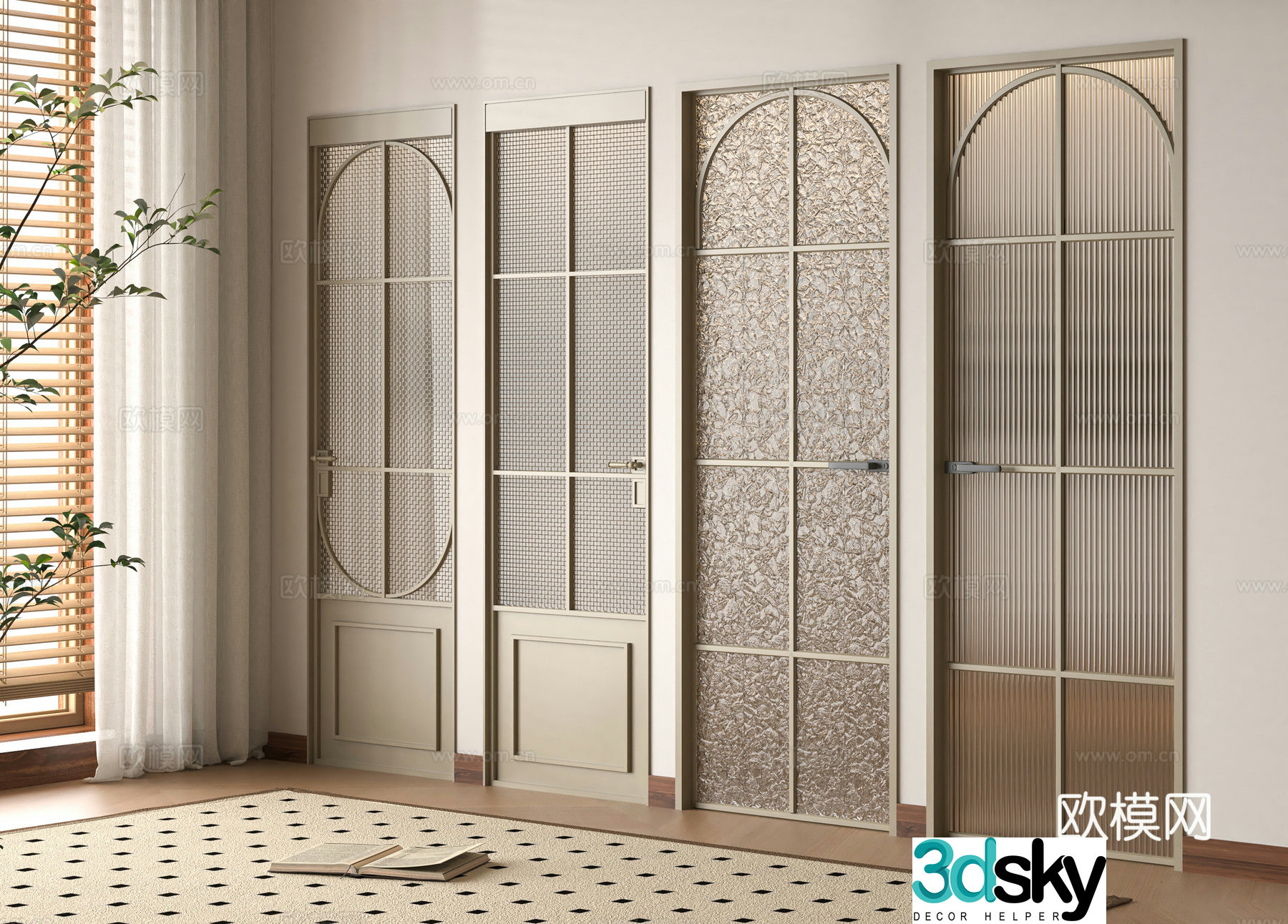 Cream Windshield Single Open Door Bathroom Door 3D Model
