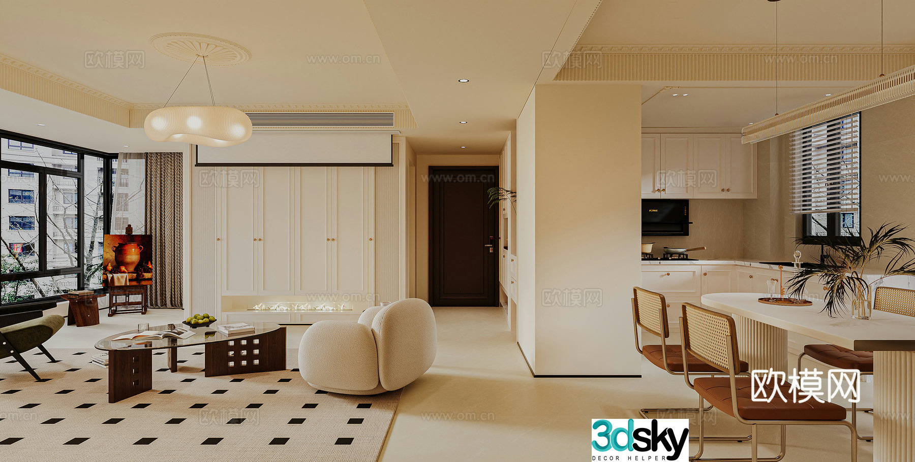 Middle-aged Song Family Living Restaurant Middle-aged Song Family Kitchen Middle-aged Sofa Table and Chair 3D Model