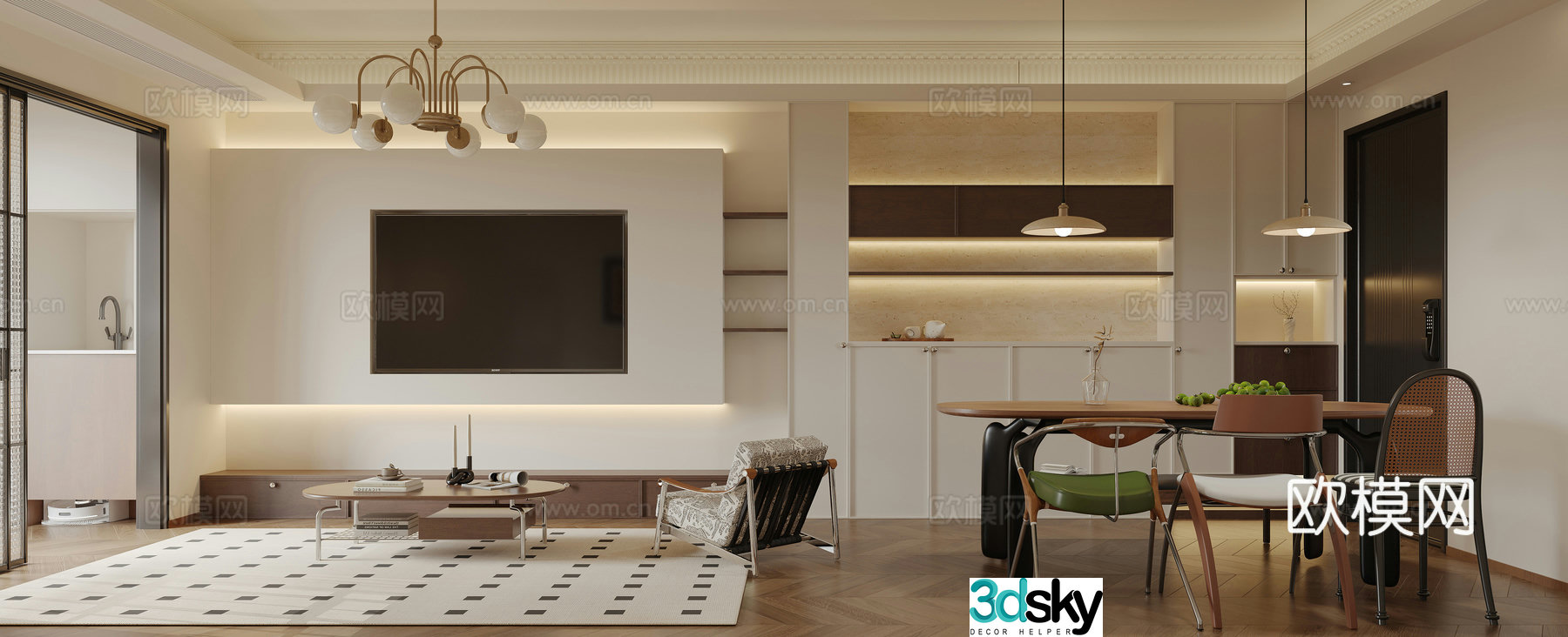 Cream retro living and dining room 3d model