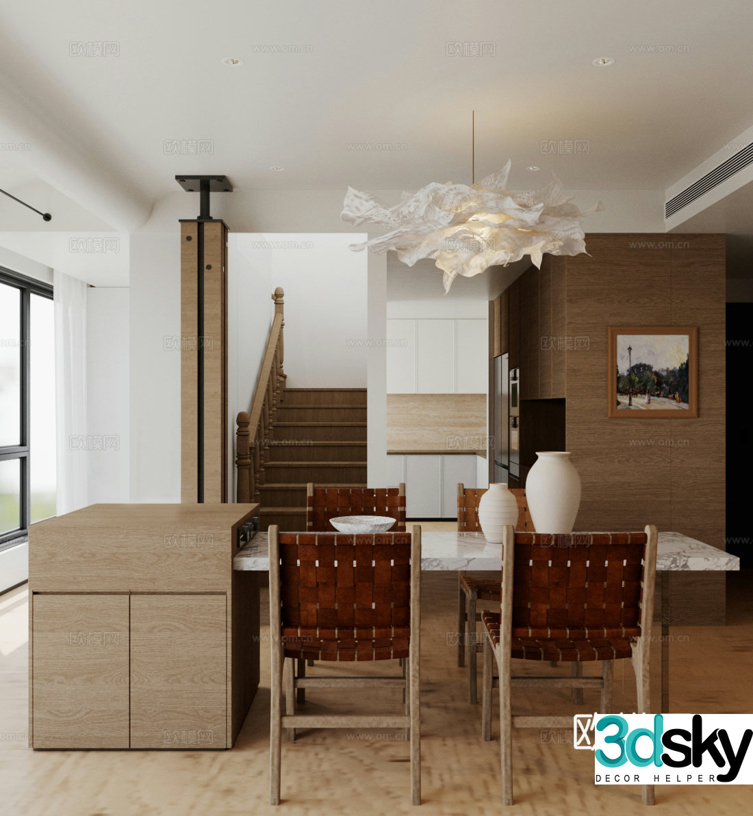 Waviva Home Restaurant Island Restaurant Dining Table and Chair Combination Chandelier 3D Model