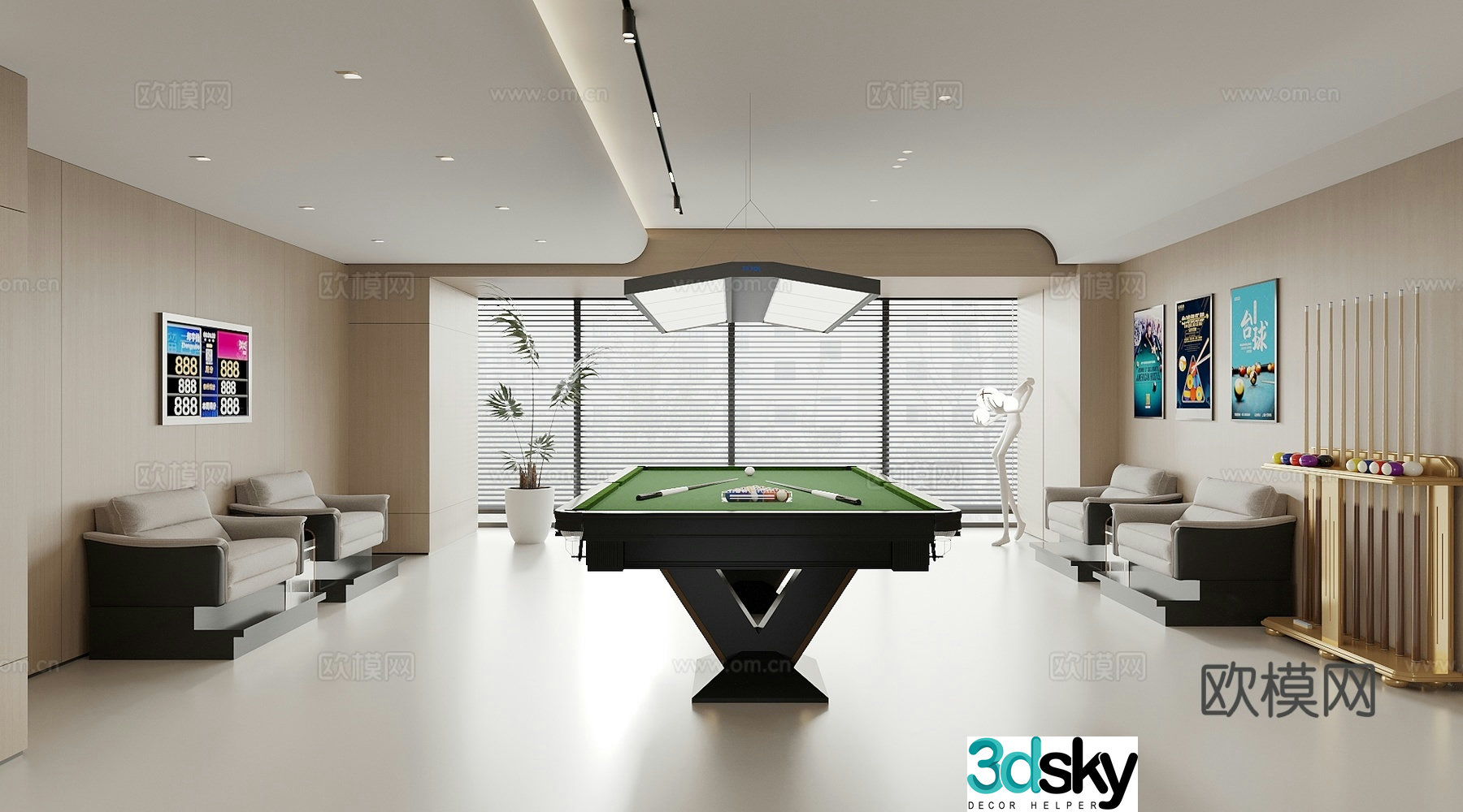 Modern billiard room billiard table billiard club hanging painting billiard table chandelier 3d model