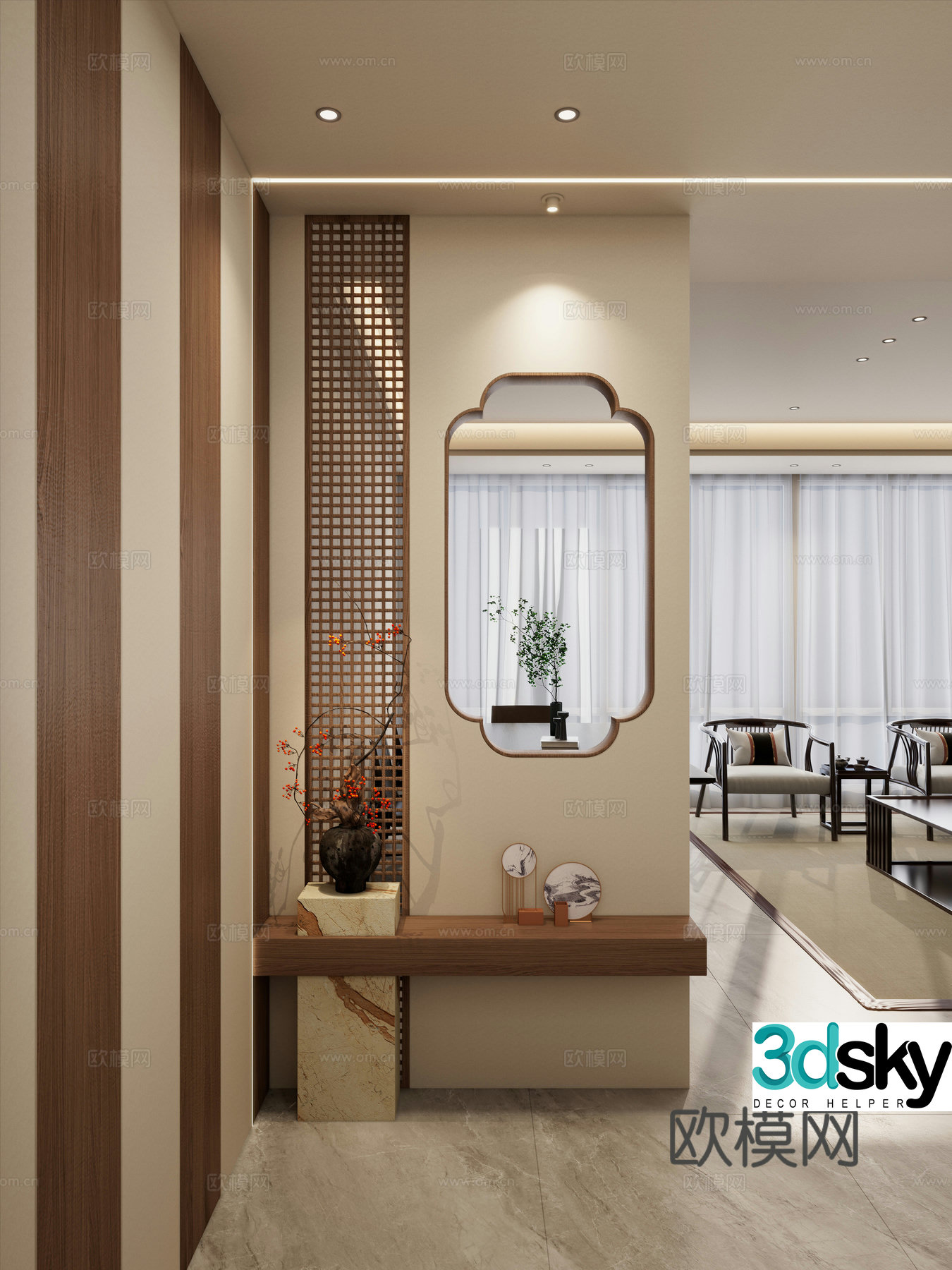 Song style Zen solid wood partition linear lamp end view partition vase 3d model