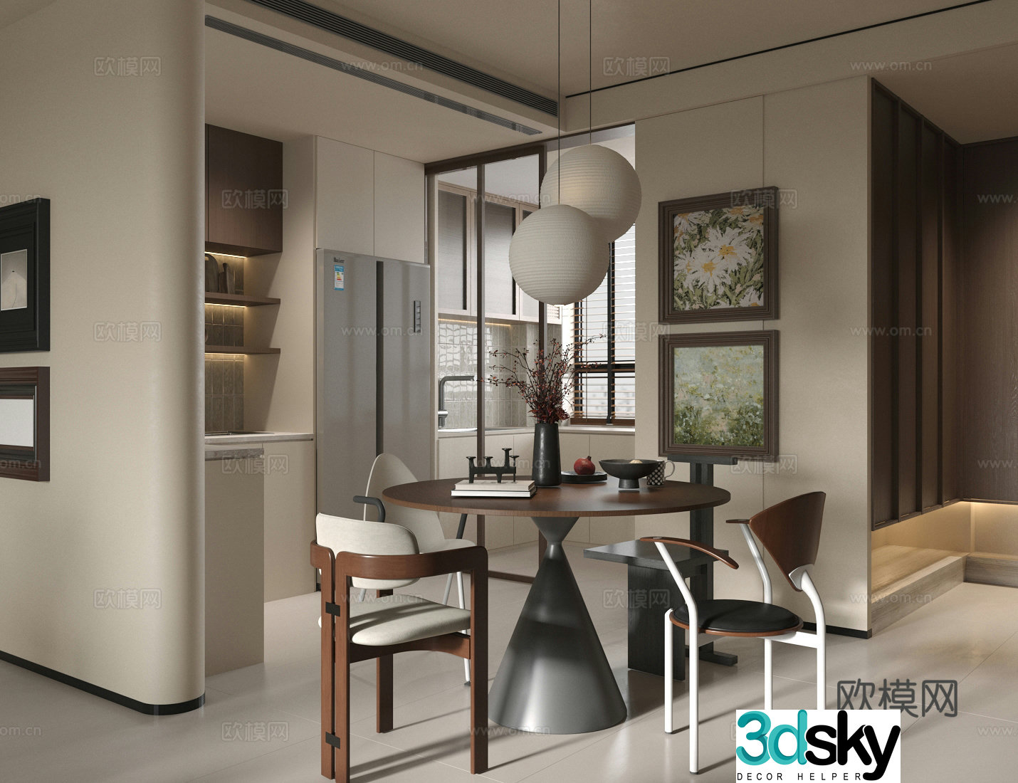 Middle-aged home restaurant round table restaurant dining table and chair combination open restaurant 3D model
