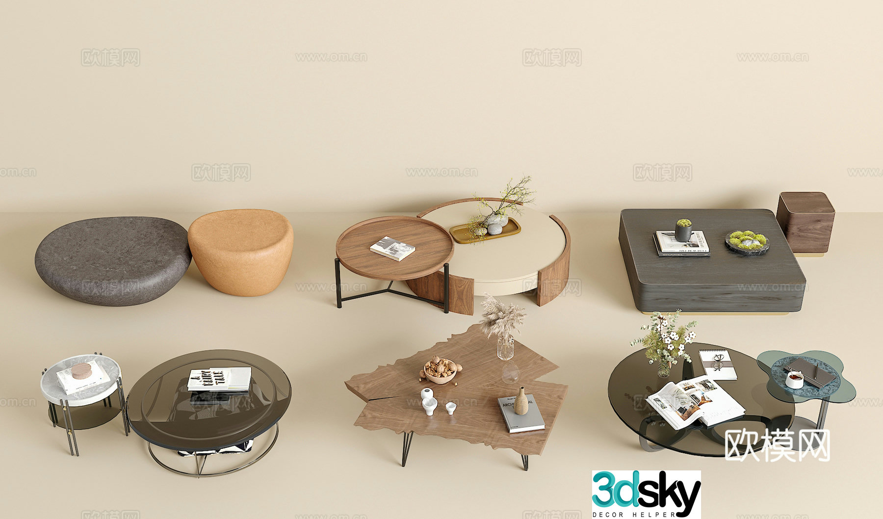 Coffee table combination green plants jewelry ornaments book 3d model