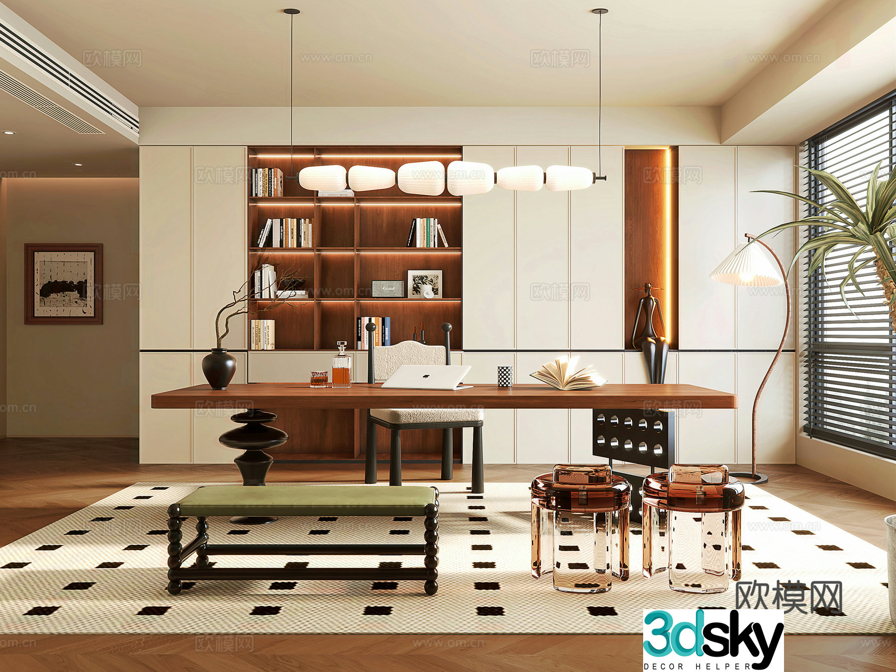 Modern medieval study modern bookcase desk chair stool book ornament combination 3d model