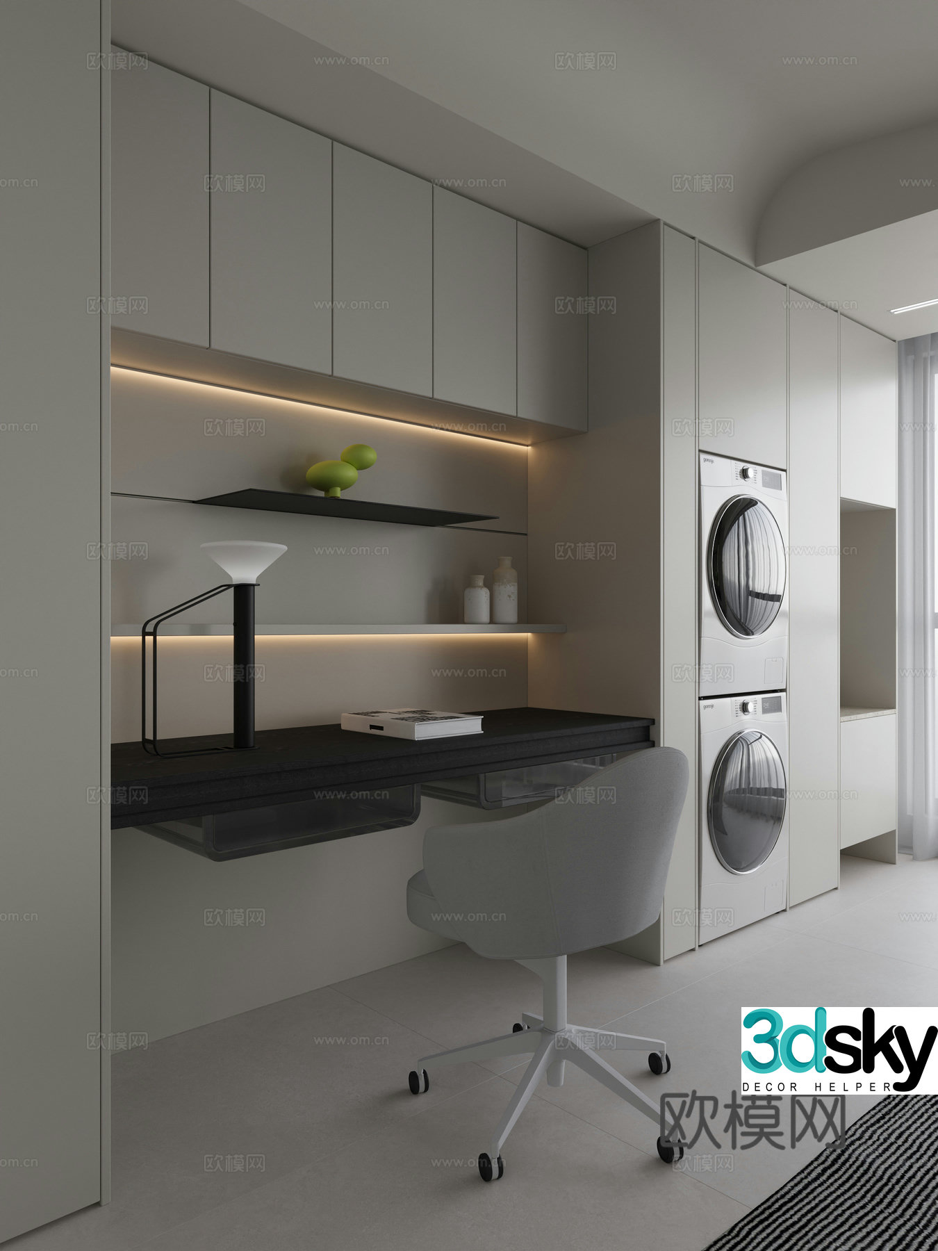 Modern Creamy Study Room 3D Model