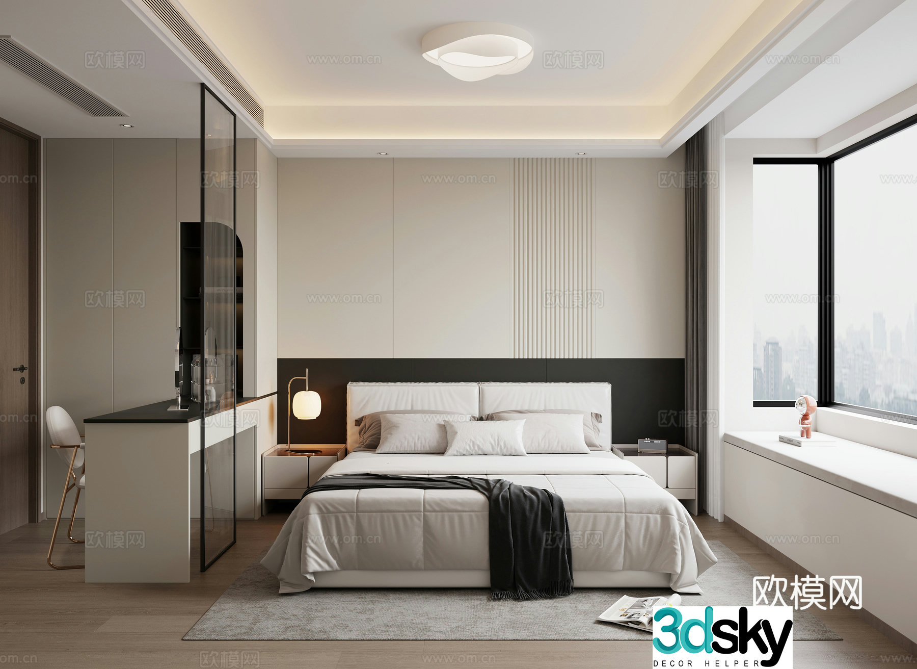 Modern black white and gray bedroom 3d model