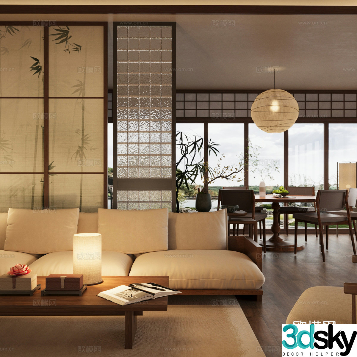 New Chinese living room large living room horizontal living room dining table and chair combination 3D model