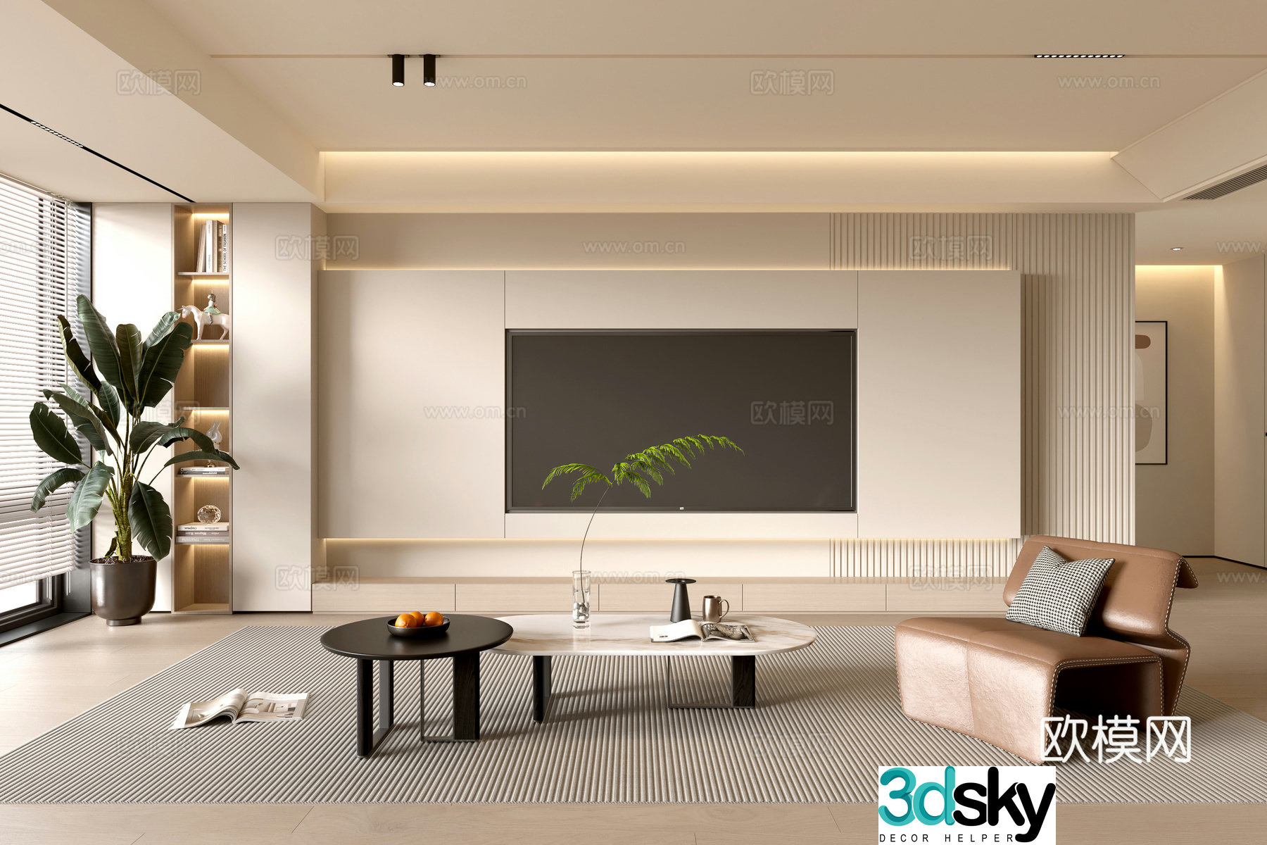 Modern simple living room balcony cabinet sofa combination coffee table TV background wall 3d model