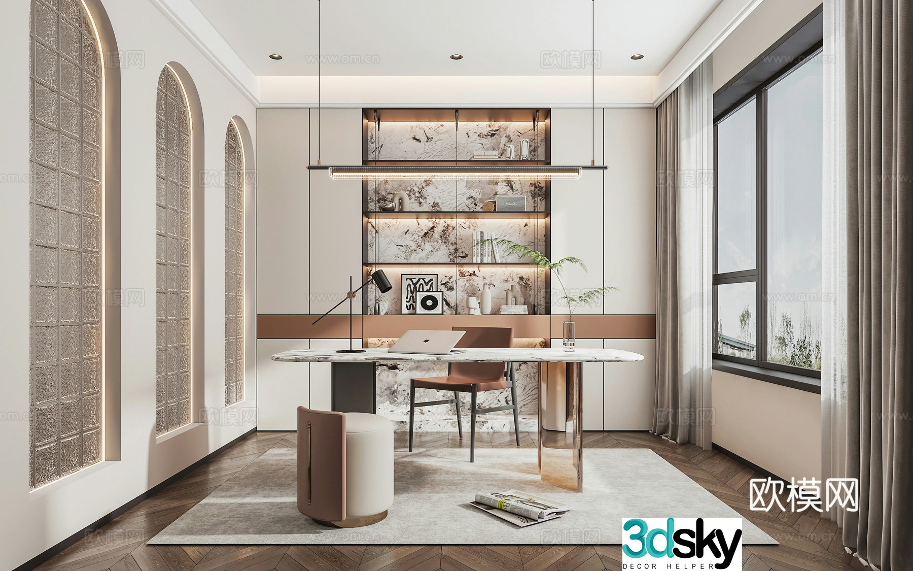 Modern light luxury simple home study 3D model