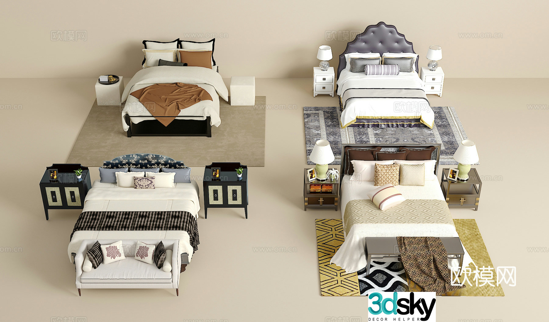 Double bed combination bedside table jewelry ornaments desk lamp carpet pillow 3D model