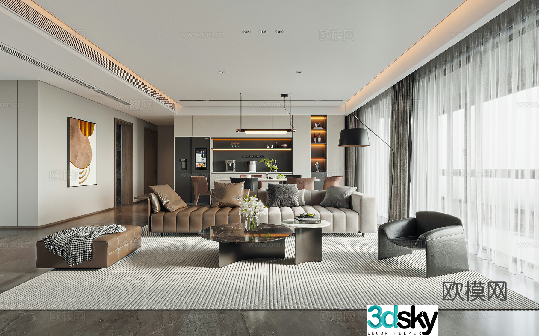 Modern light luxury living and dining room 3D model