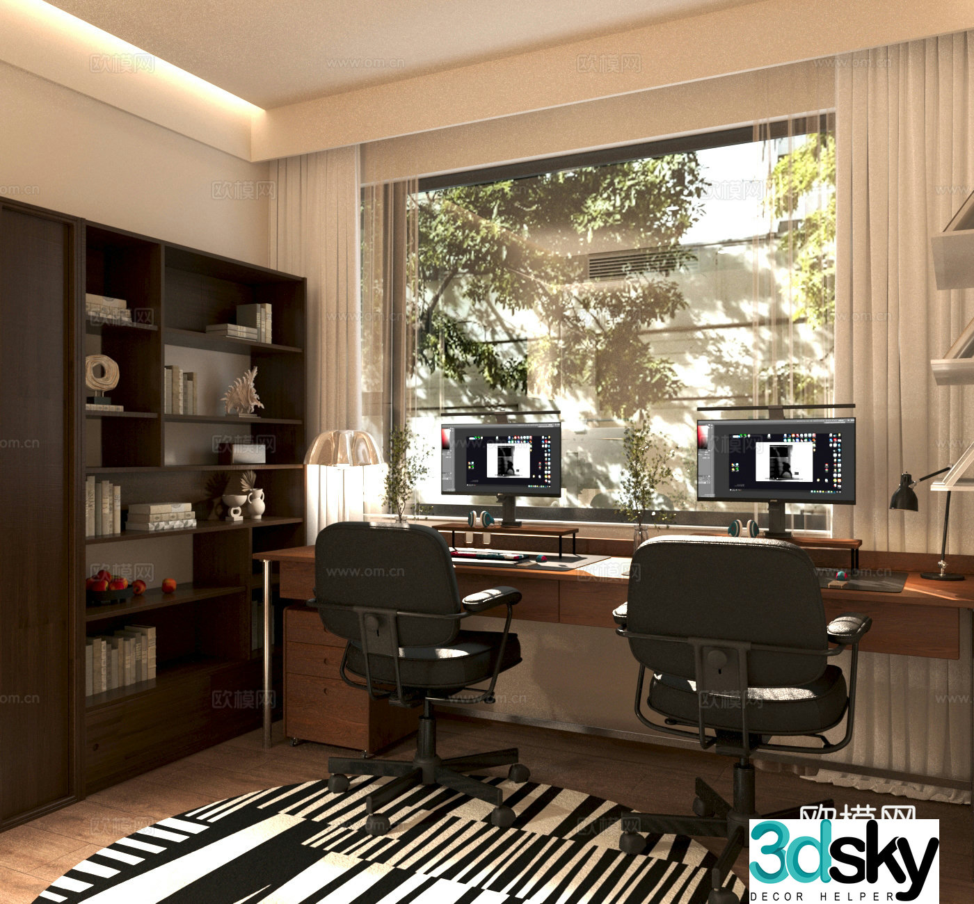 Middle-aged study bedroom study desk and chair combination solid wood bookcase 3D model