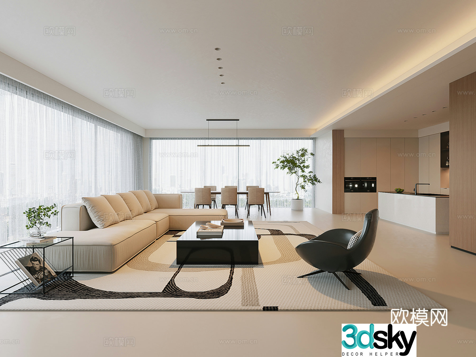 Modern minimalist living and dining room 3D model